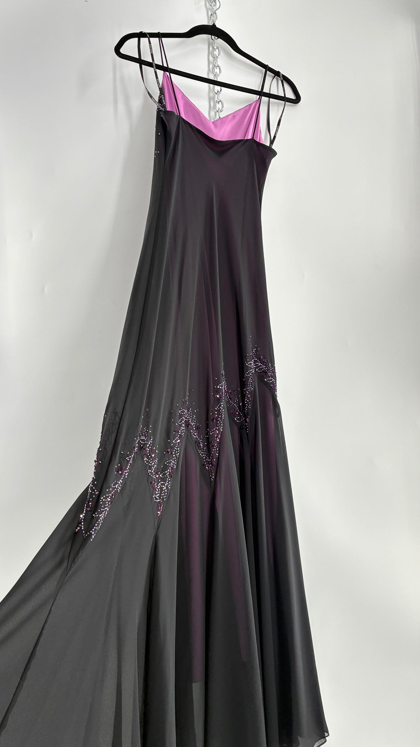 Vintage XSCAPE Full Length Black Beaded Gown with Purple Underlay (4)
