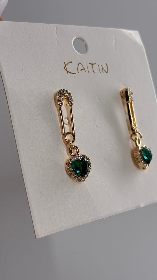 Gold Safety Pin Earring with Green Heart Stone Pendent