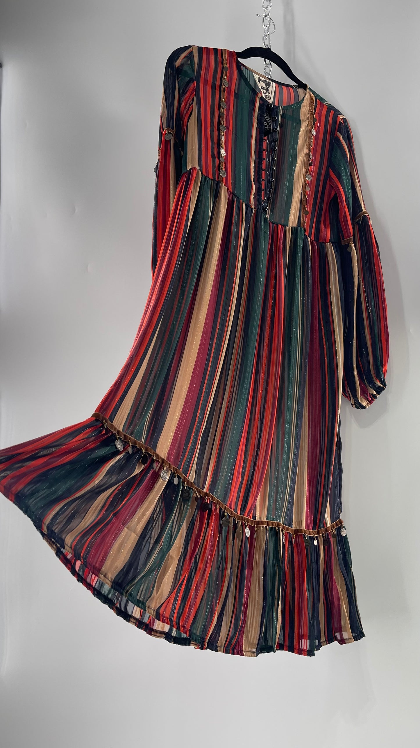 JAASE Striped MIDI Dress with Ruffled Hem, Coin Detailing, Dramatic Button Front Dress (XS)