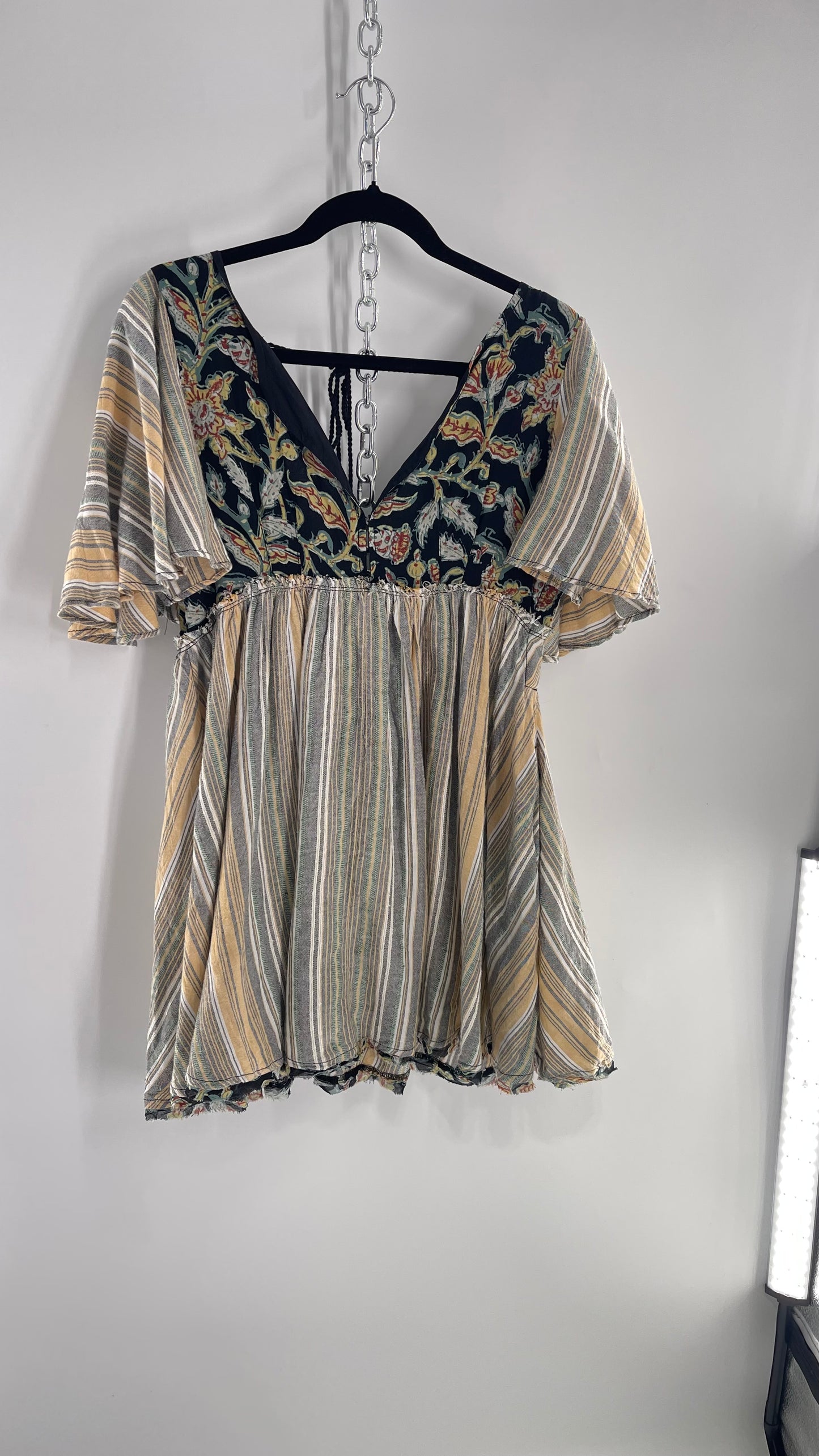 Free People Dual Fabric Floral/Woven Boho Babydoll Mini Dress (XS)