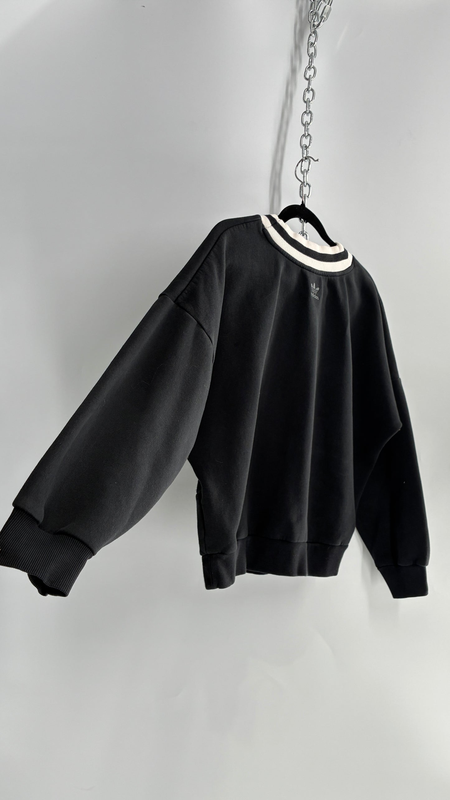 Vintage ADIDAS Black and White Varsity Crew Neck (Small)