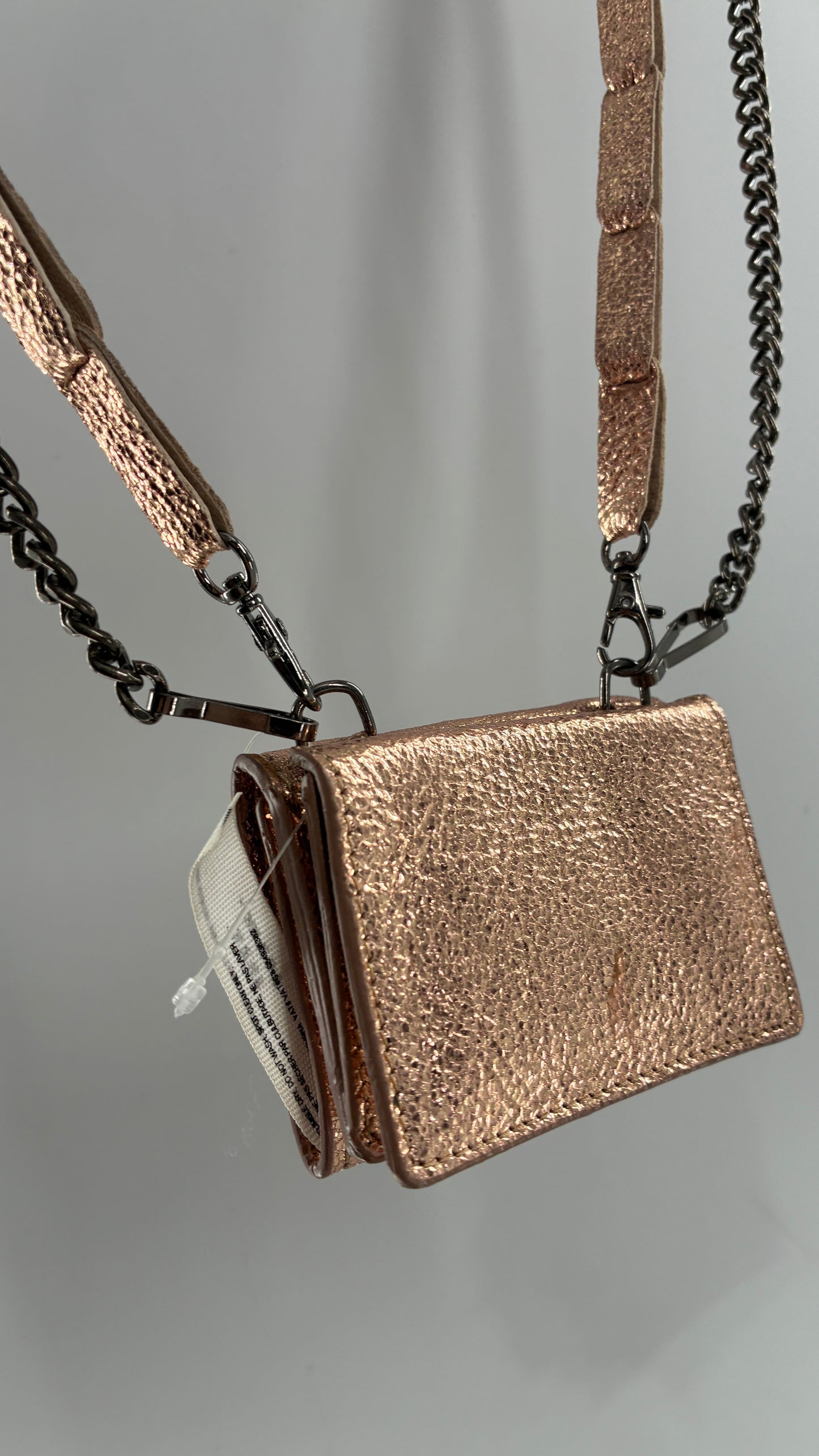 Free People Rose Gold Metallic Goat Leather Wallet with Leather and Chain Straps