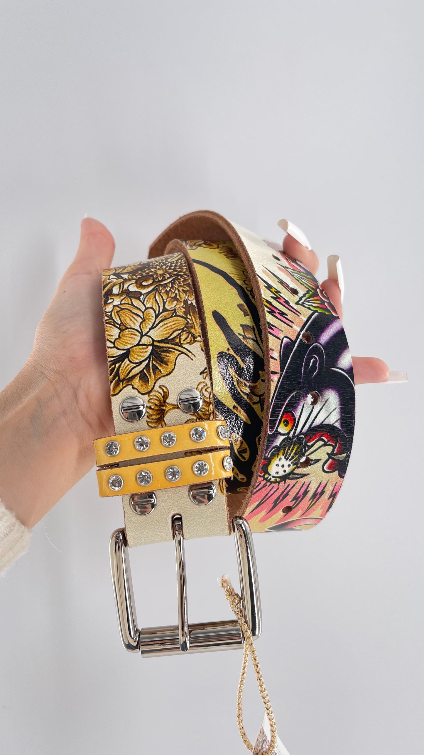 Ed Hardy Genuine Leather Belt with Rhinestones and Jaguars (M)