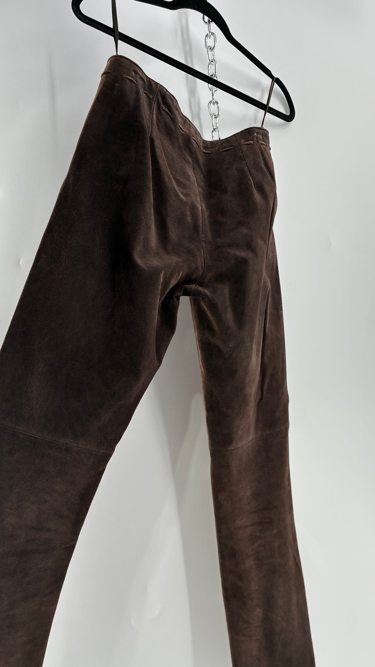 Vintage FOR JOSEPH Low Rise, Chocolate Brown Suede Pants with Leather Stitch Sides and Bow Closure (28)