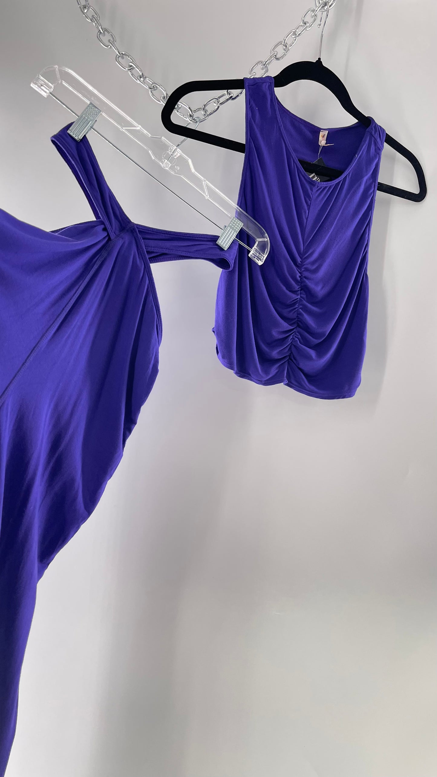 Free People 2 Piece Cobalt Purple Ruched Tank+ Cut Out Hip Strap Detail Flared Bottoms Set (Small)
