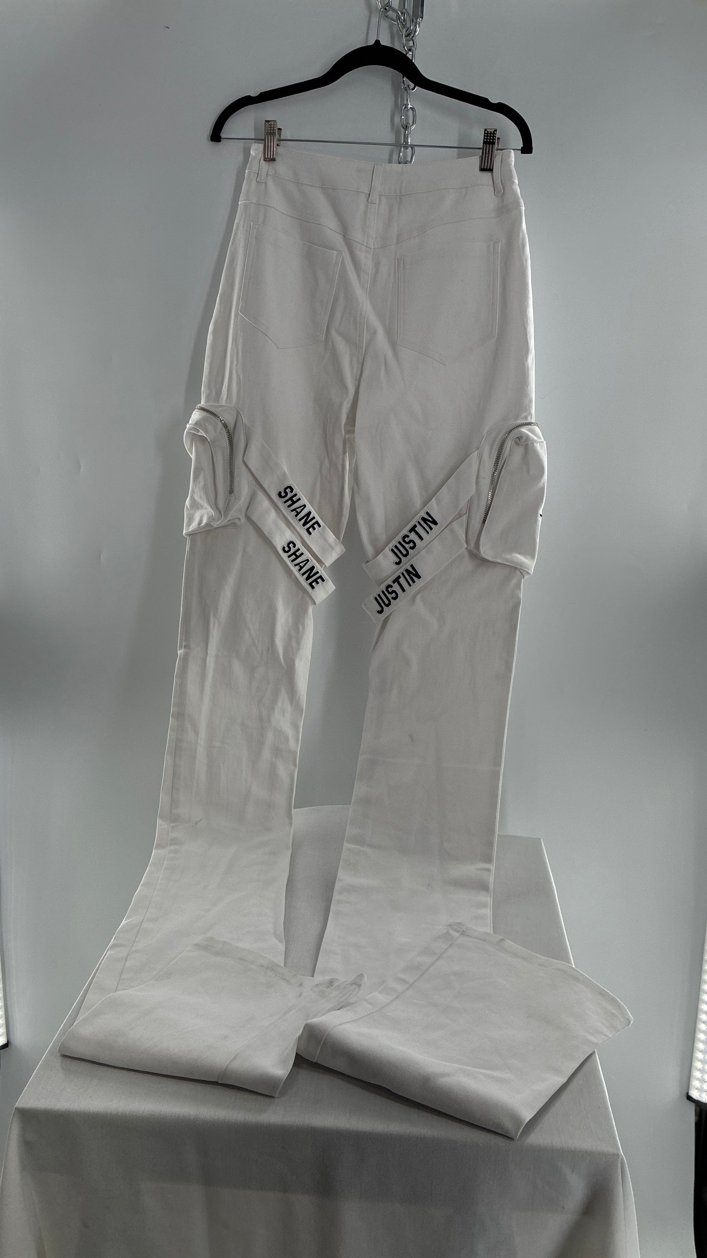Designer SHANE JUSTIN White Stacked Extendo Cargo Pants with Embroidered Logo Pants and Tags Attached (Small)