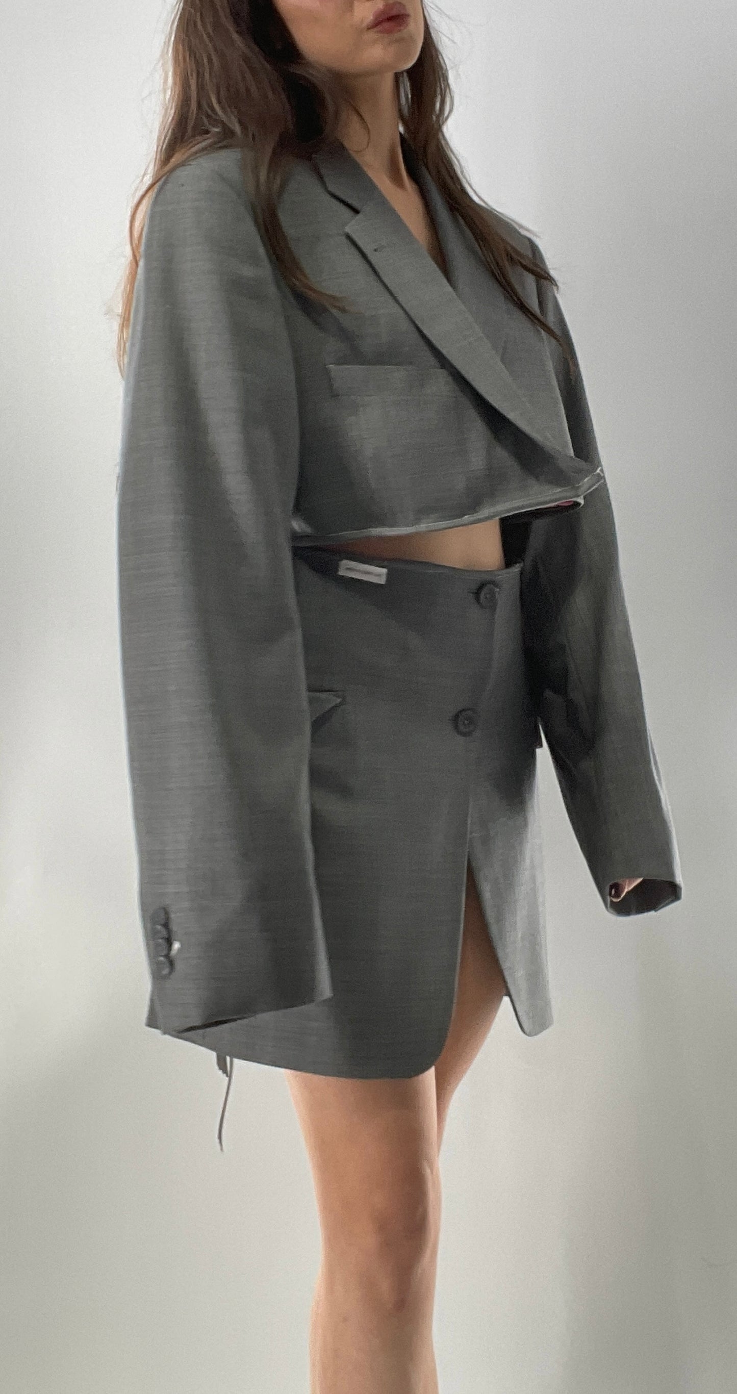 Custom Handmade Gray 2Piece Suit Set with Pink Satin Lining, Cropped Blazer, and Corseted Skirt (S-L)