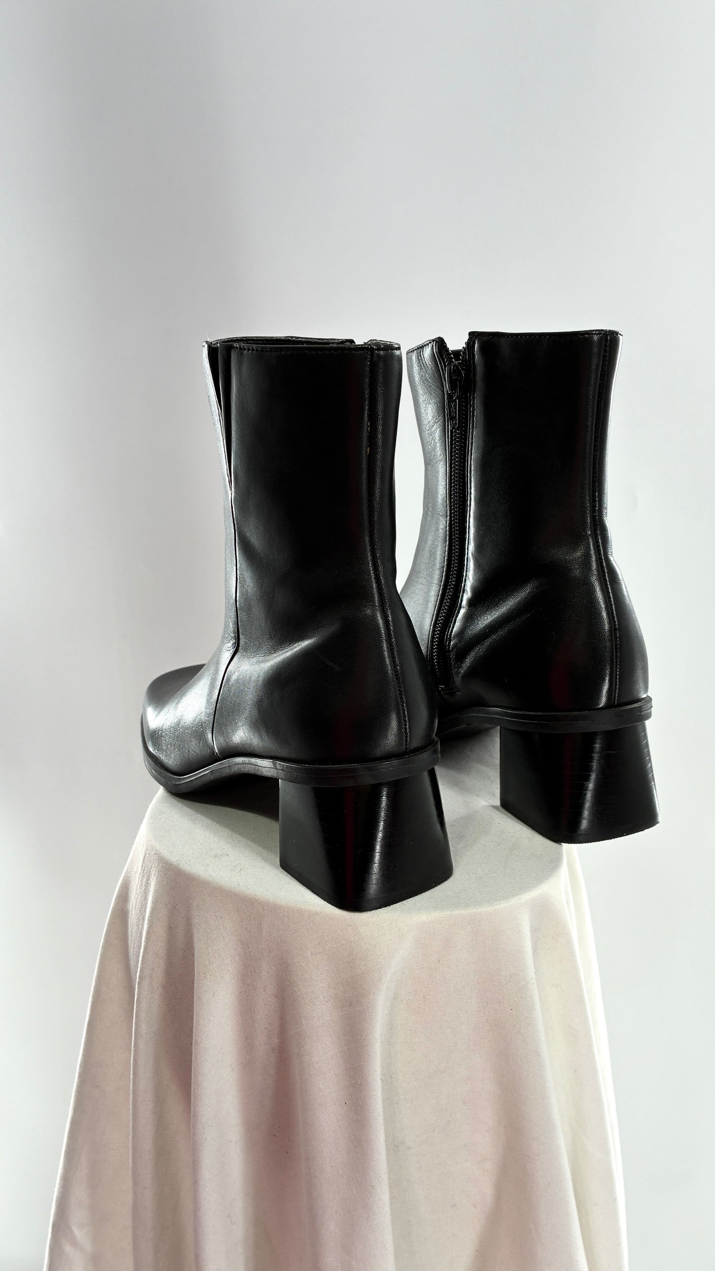 Vintage Naturalizer Black Square Toe Genuine Leather Block Heel Boots Made in Brazil (8)