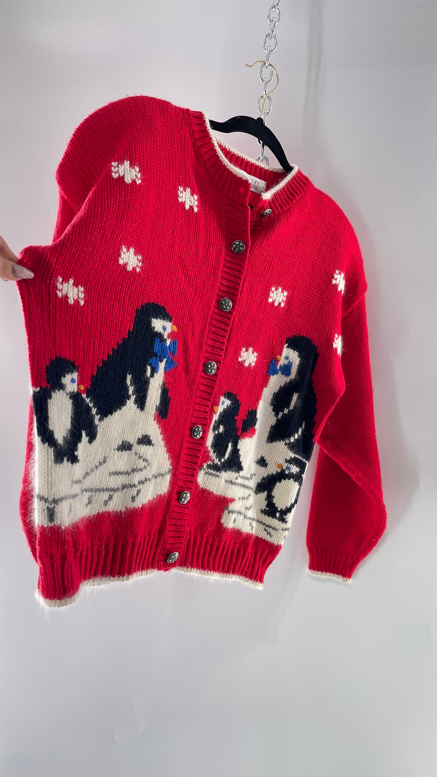 Vintage Karen Scott Silver Button Front, Red Cardigan with Shoulder Padding and the Sweetest Festive Penguins in Bow Ties (Large)