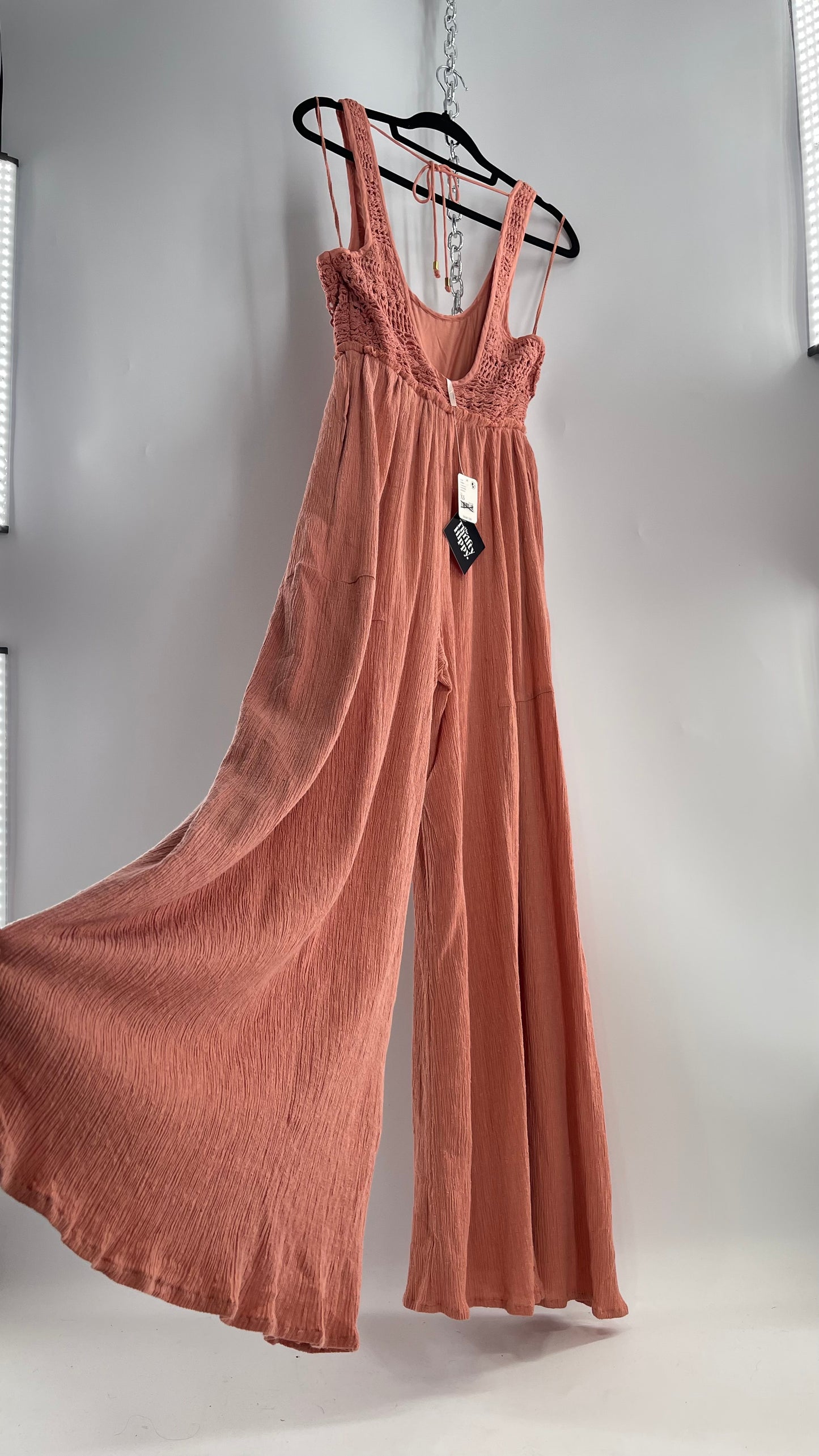 Free People Rose/Peach Pink Wide Leg Jumpsuit with Crochet Bust and Tags Attached (XS)