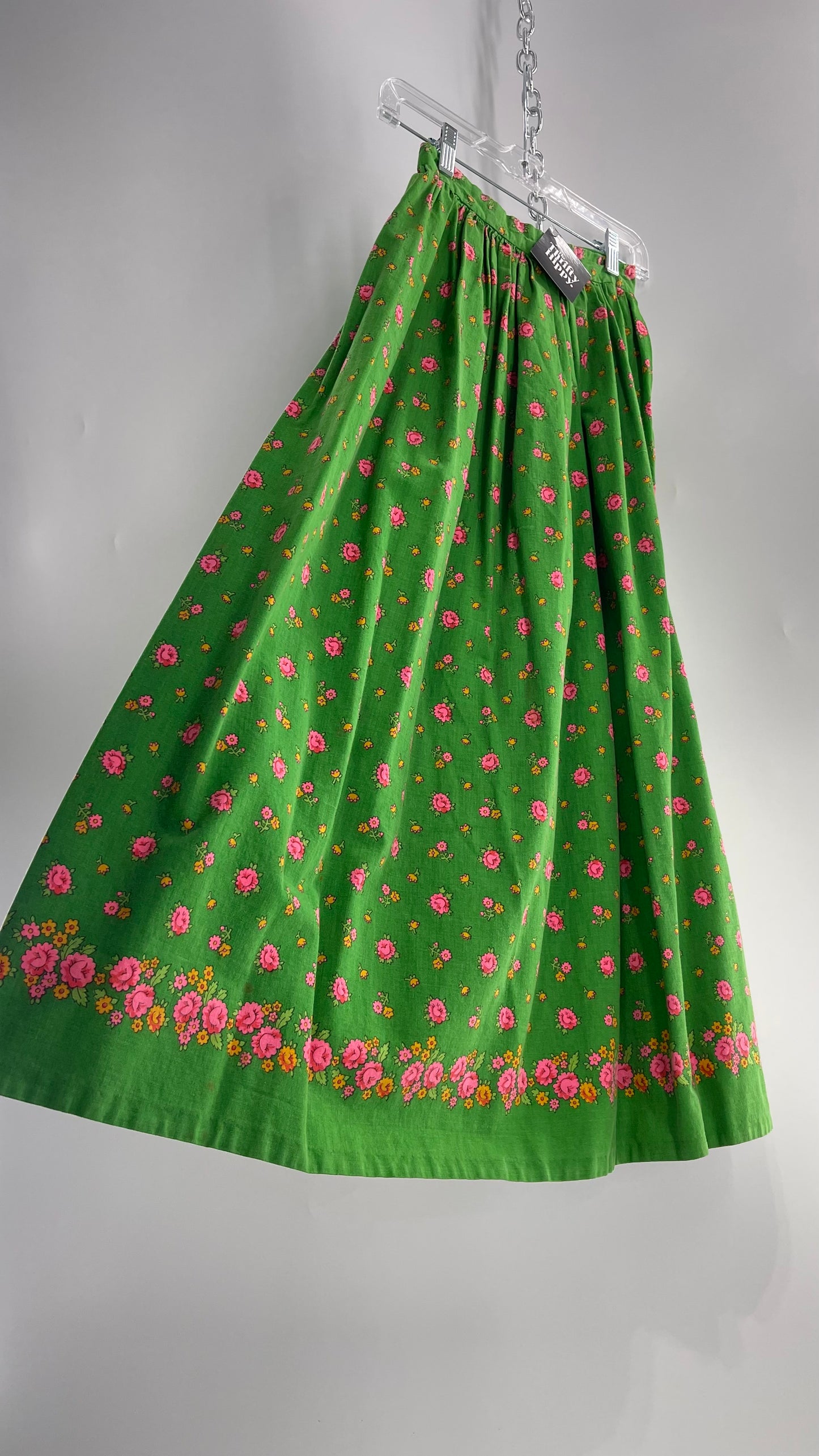 Vintage Imported Cotton Kelly Green Skirt with Pink Roses (XS)
