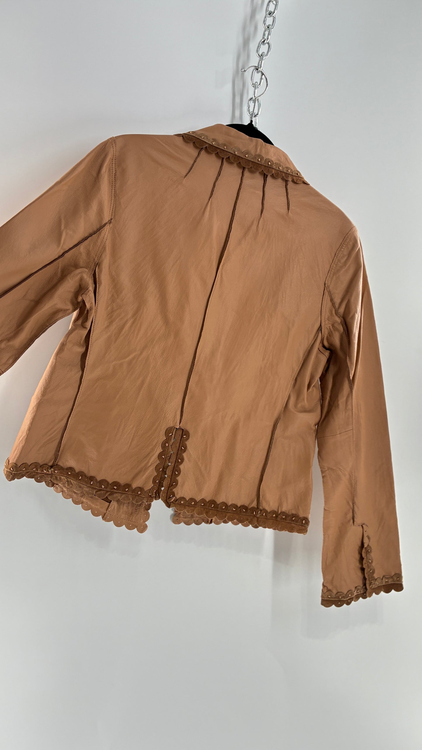 RARE Deadstock Vintage Cami Brown Thin Leather Jacket with Suede Scalloped Trim (12)