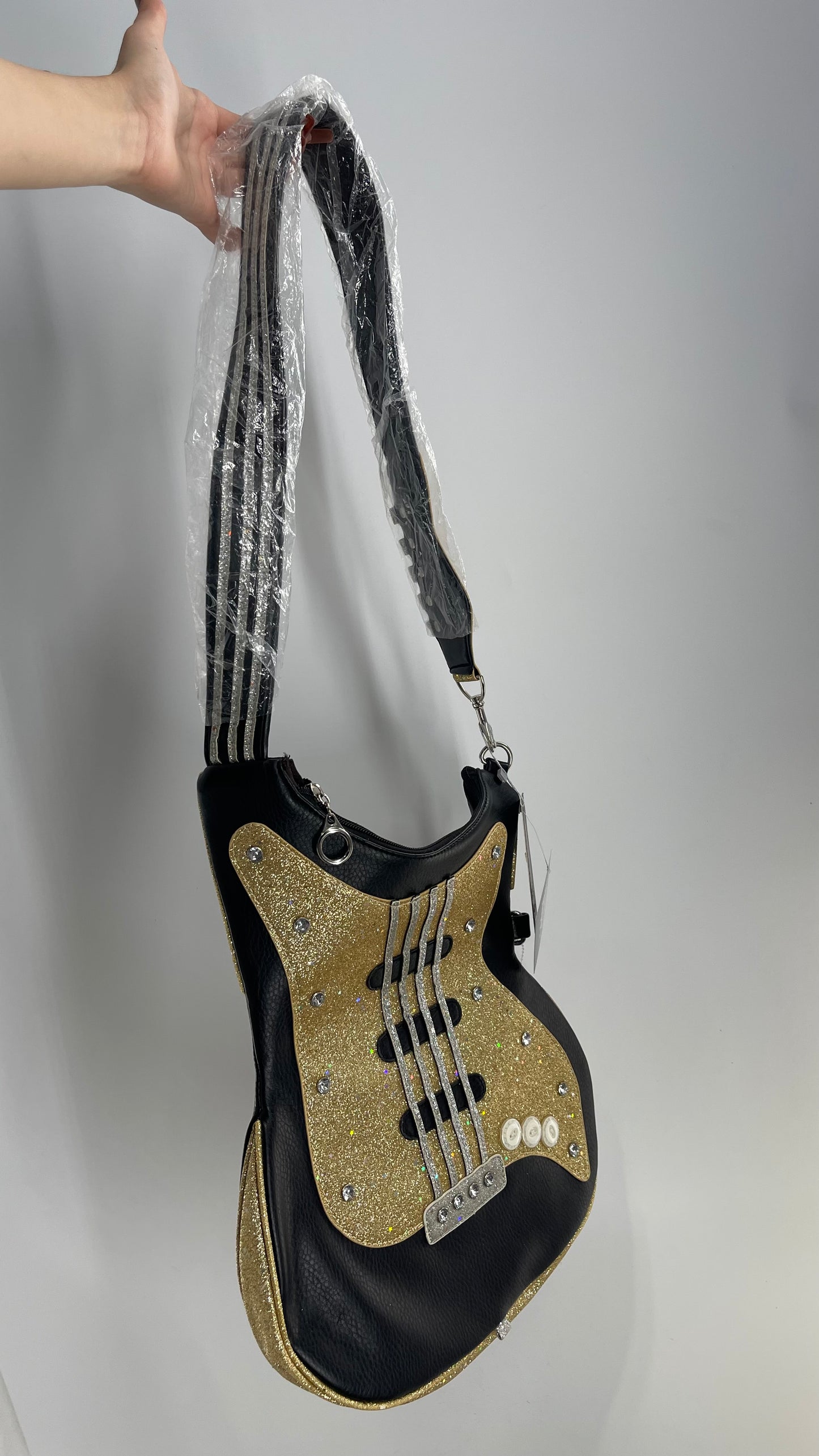 Deadstock Vintage Leather Glitter Guitar Purse with Fretboard Strap and Tags Attached