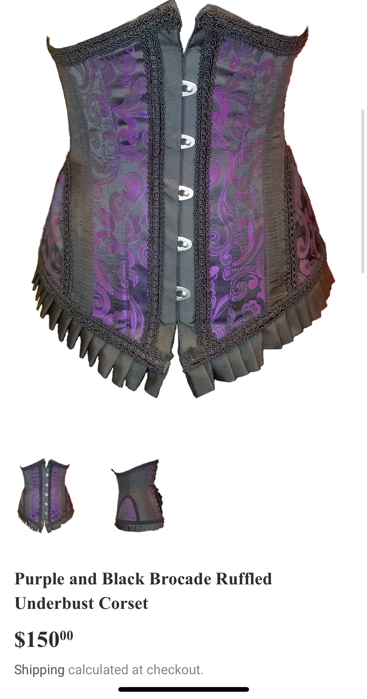 Vintage Black and Purple Brocade Corset with Pleated, Ruffled Hem (Sz 22)