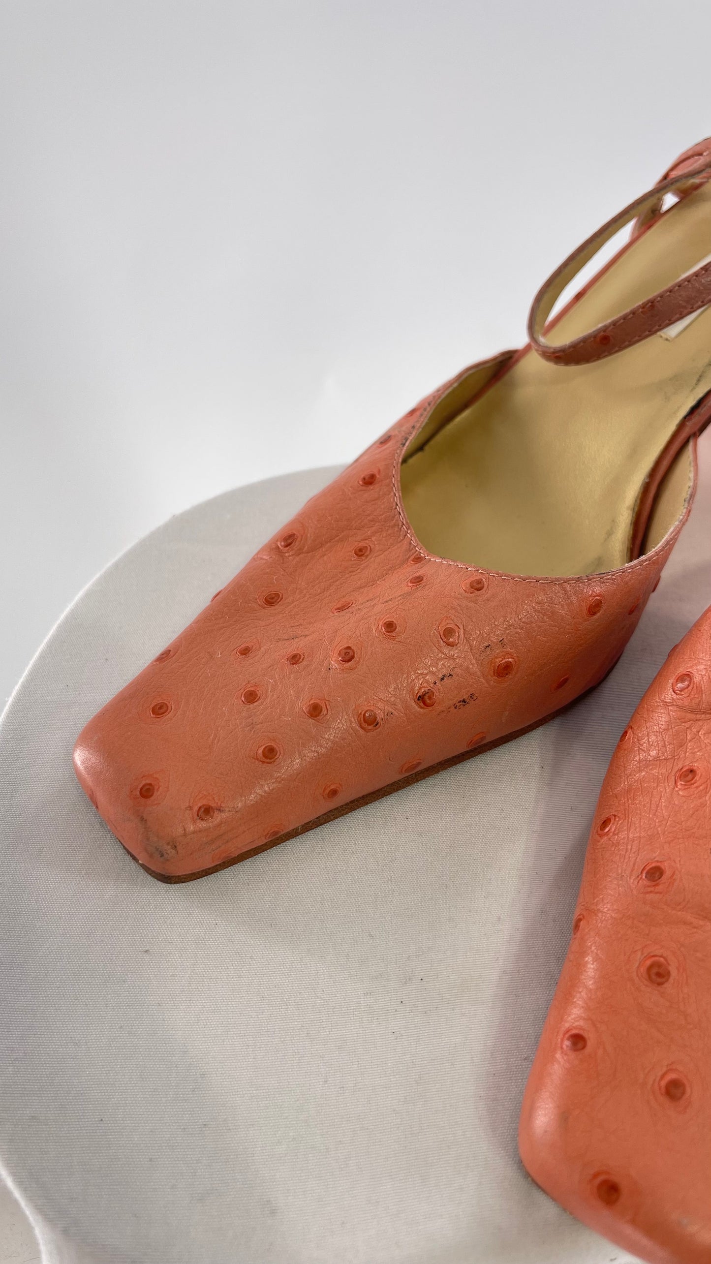 Vintage 1990s Ann Marino Pink Peach Genuine Leather Sling Back Pointed Square Toe Kitten Heel (8)