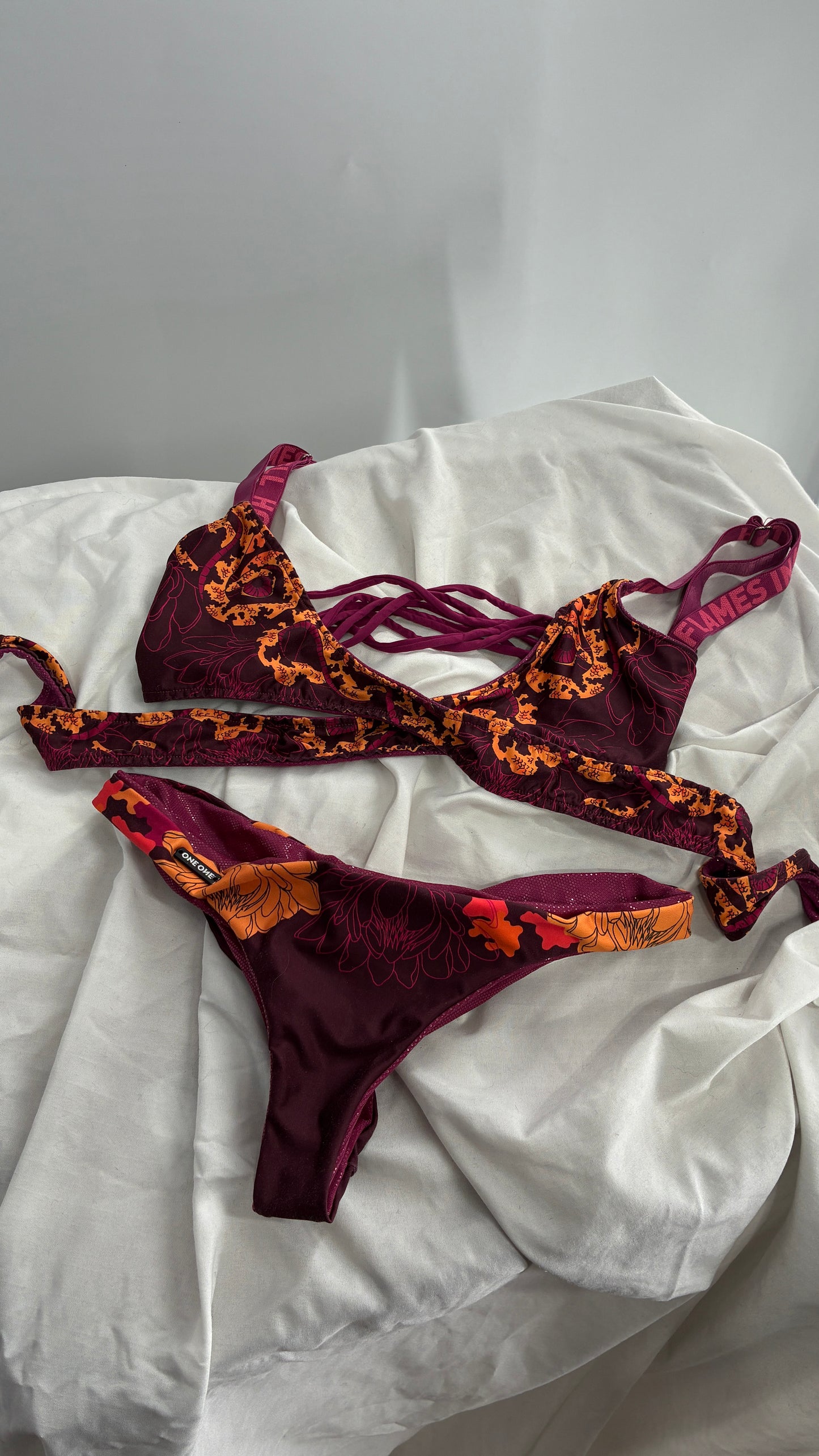 Vintage ONEONE Reversible Dragon, Sequin Ruched Tanga, Tie Around Swim Suit (Small)