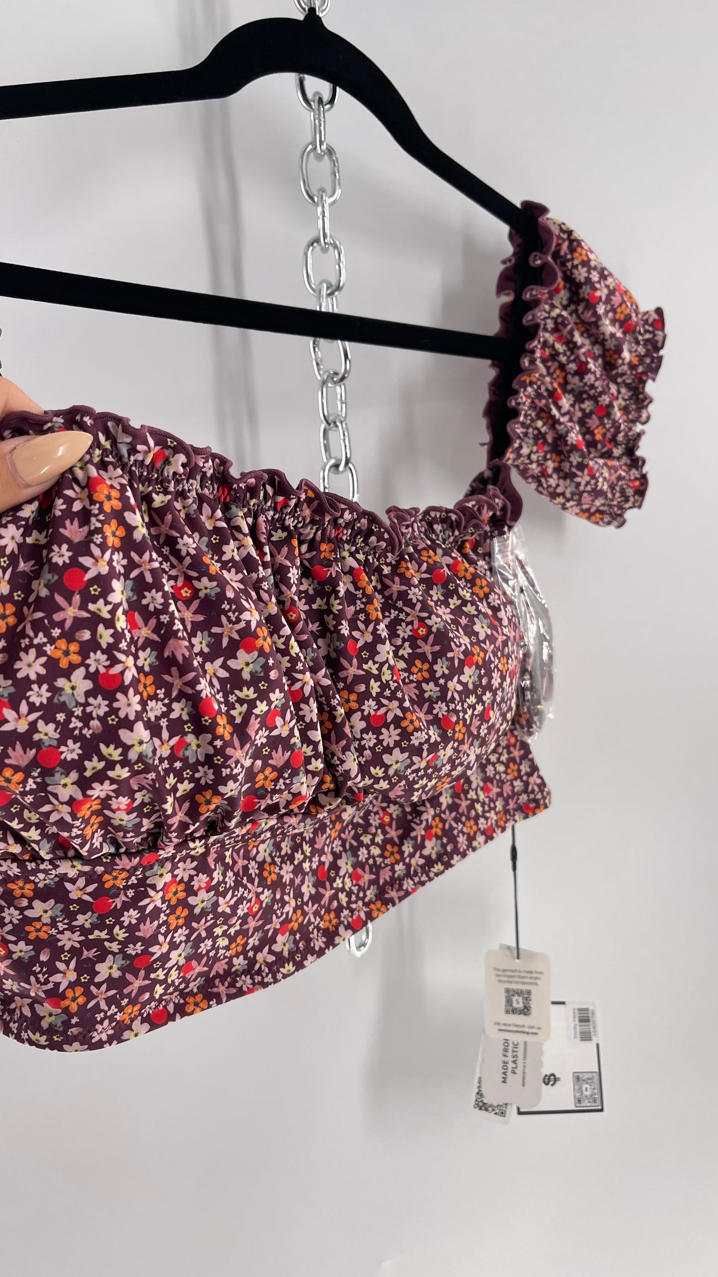 Free People Sanctuary Swim Purple Floral Milkmaid Bust Crop (XL)