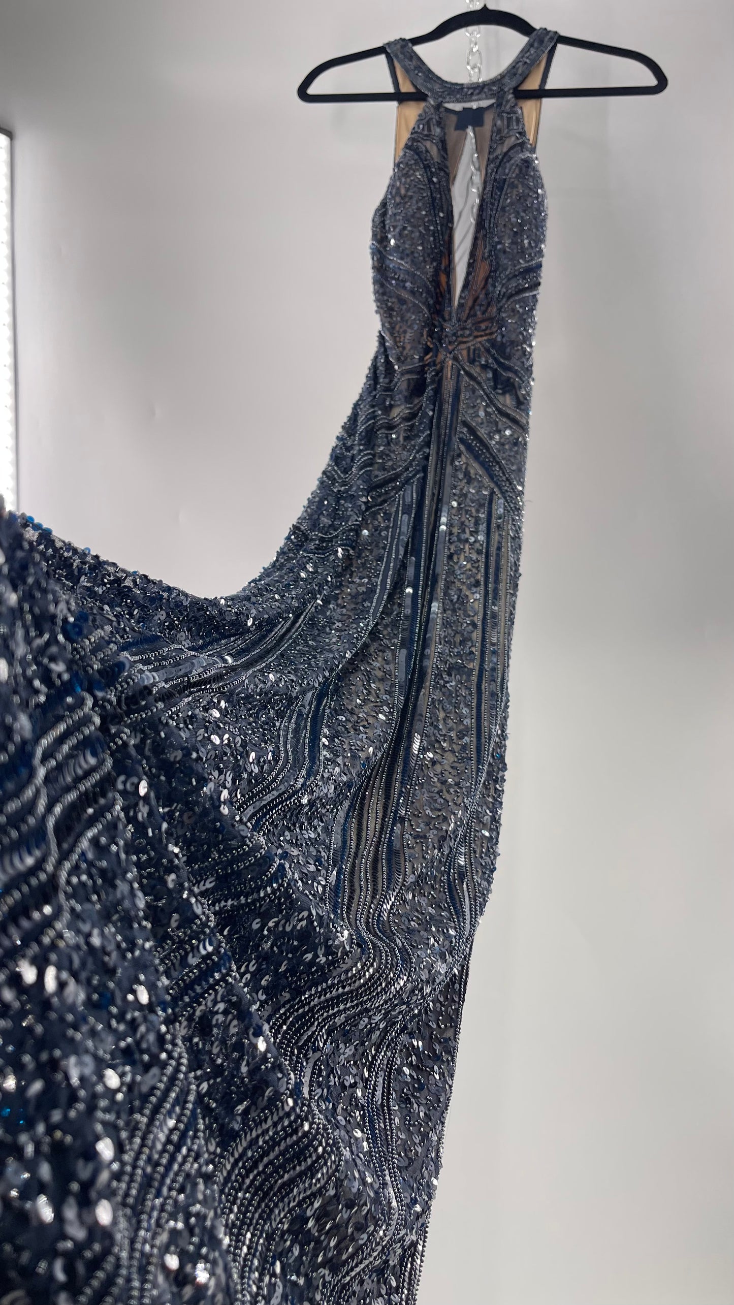 Vintage SCALA Navy Blue Beaded Floor Length Gown with Plunging Neckline, Backless Detail, and Tan Underlay (C)(4)