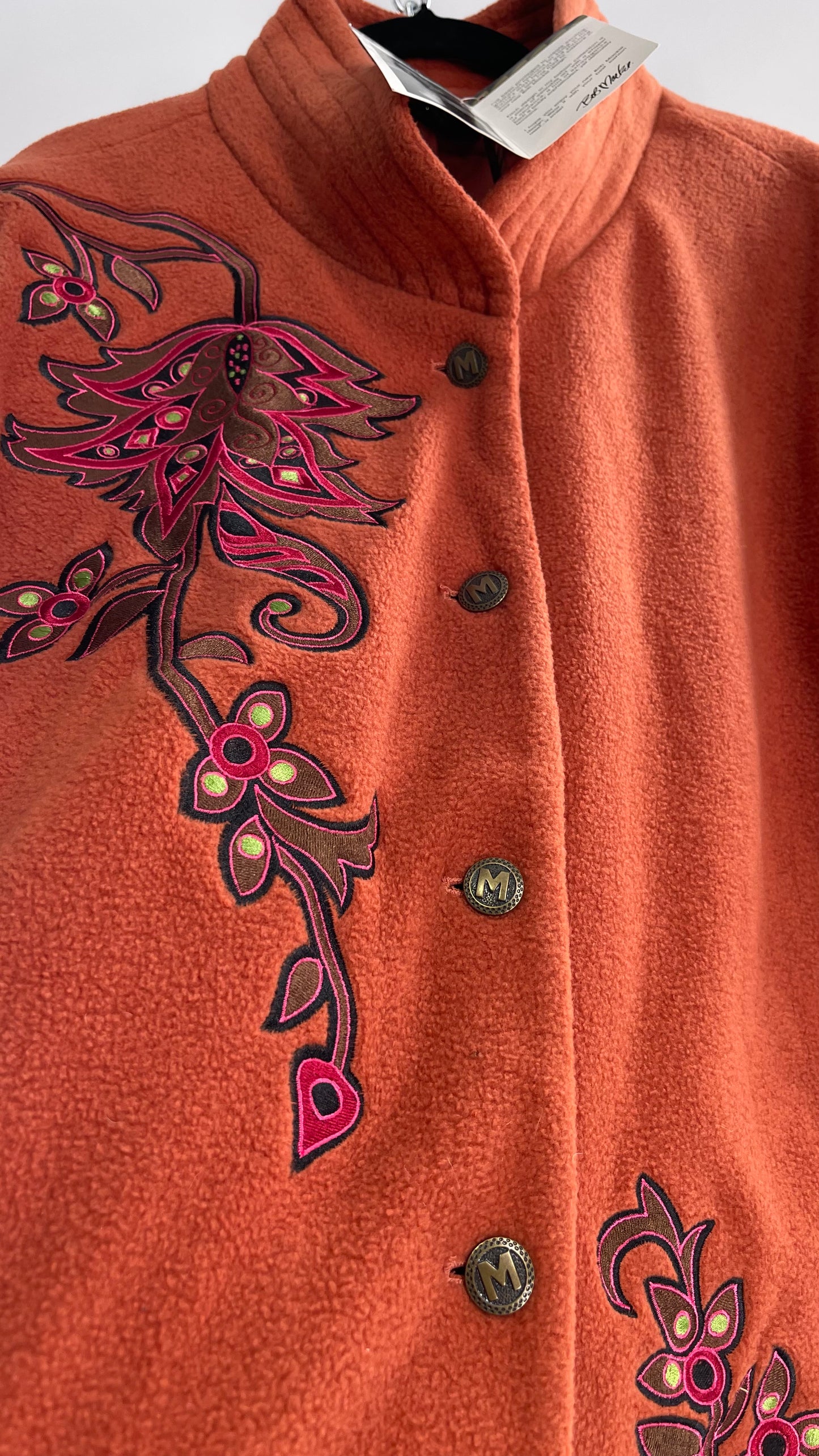 Deadstock Vintage Bob Mackie Orange Coat with Embroidered Sleeves and Body, Embossed Buttons and Tags Attached (XXXL)