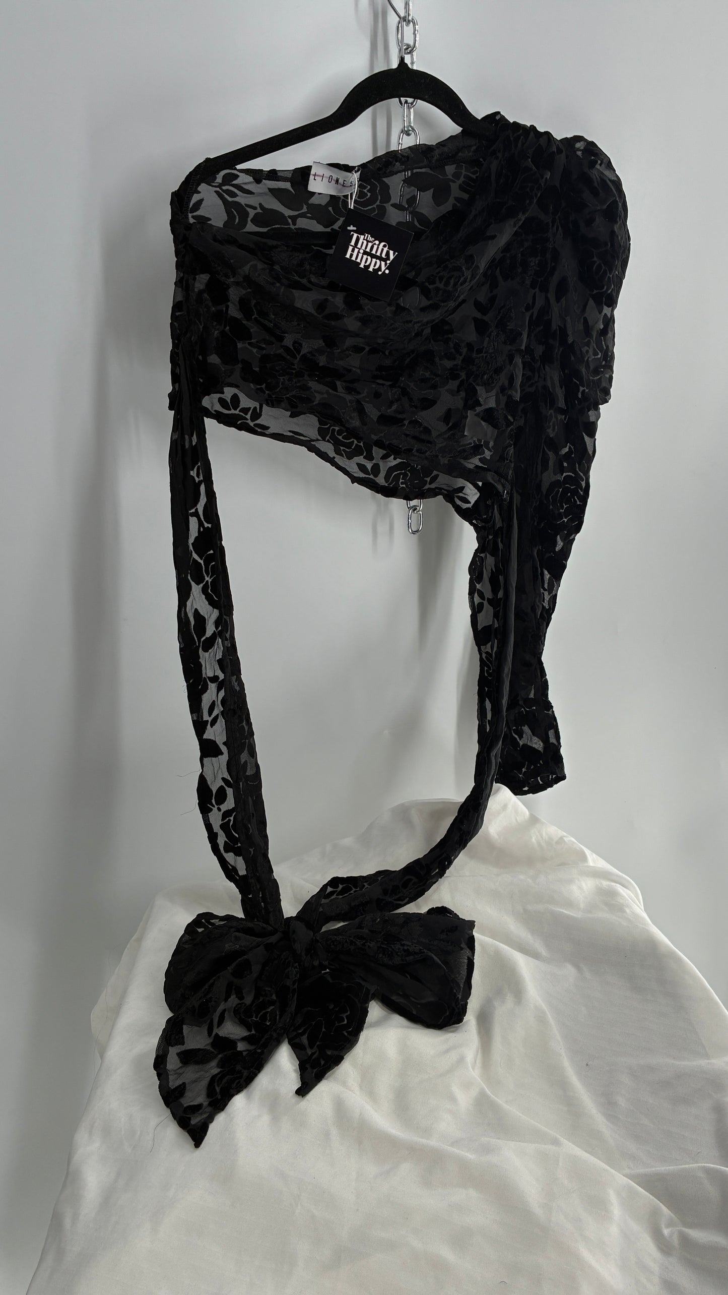 LIONESS Black Sheer Velvet Burn Out One Sleeve Tie Waist Blouse (XS)