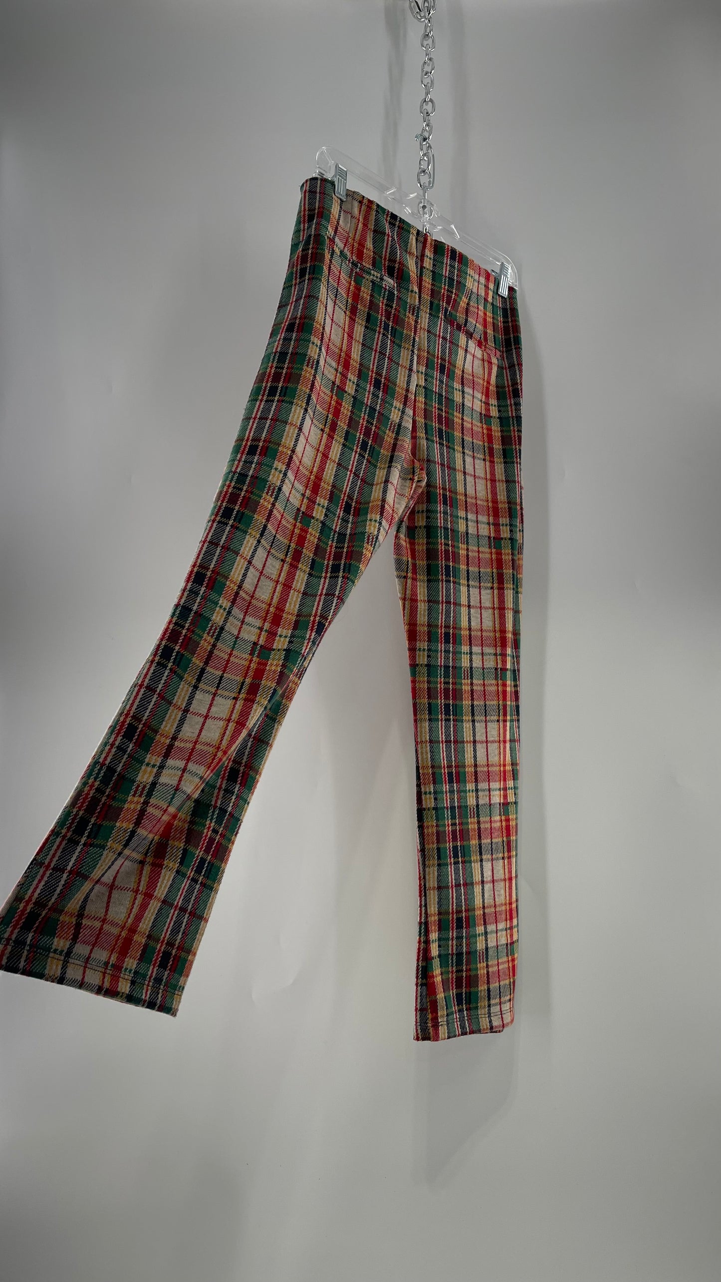 Free People Red\Green Plaid Knit Straight Leg Pants with Elastic Waist ( L)