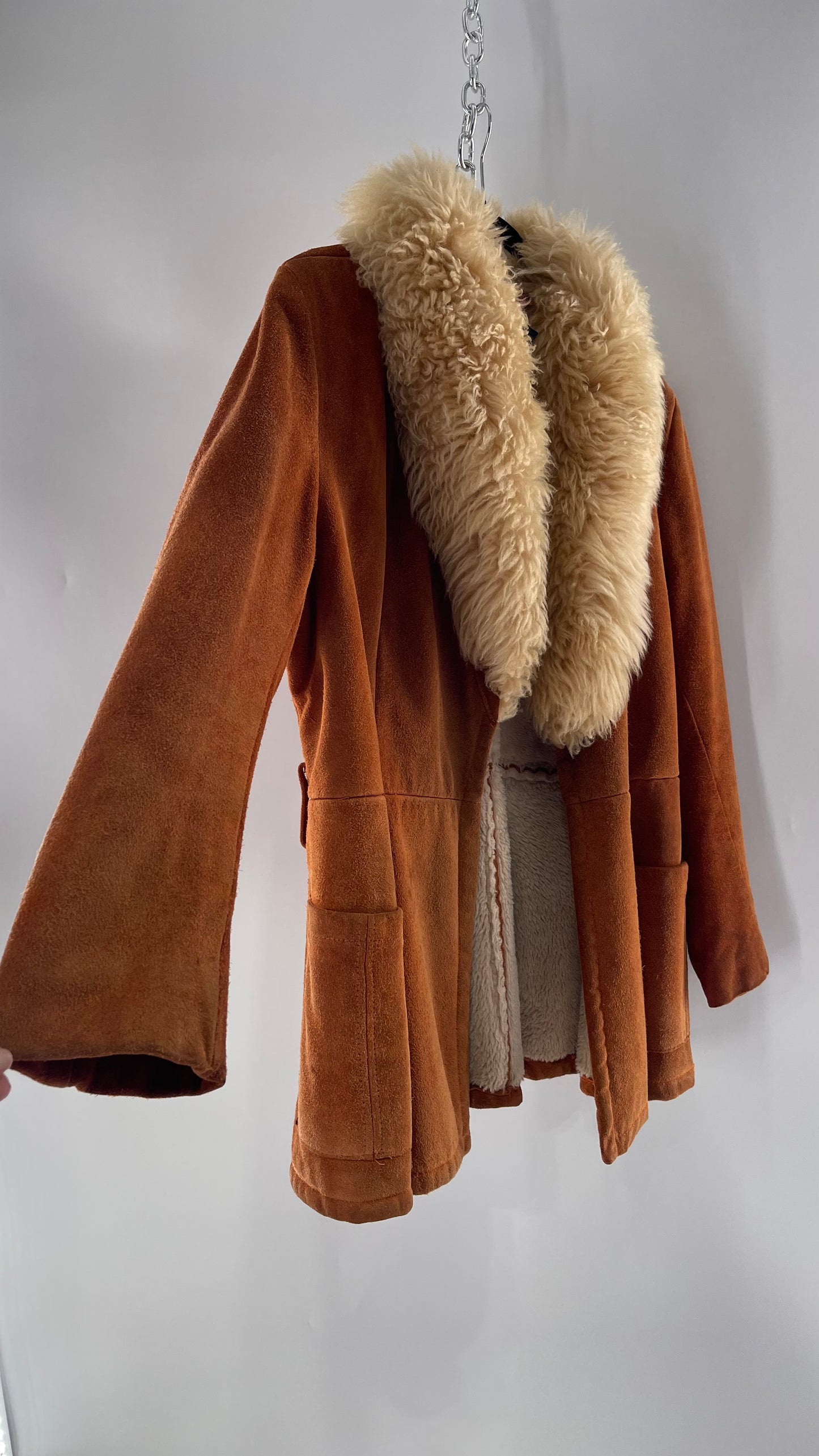 1970s Vintage Burnt Orange Suede Thick Heavy Sherpa Lined Jacket with Genuine Fur Collar (C)(Medium)