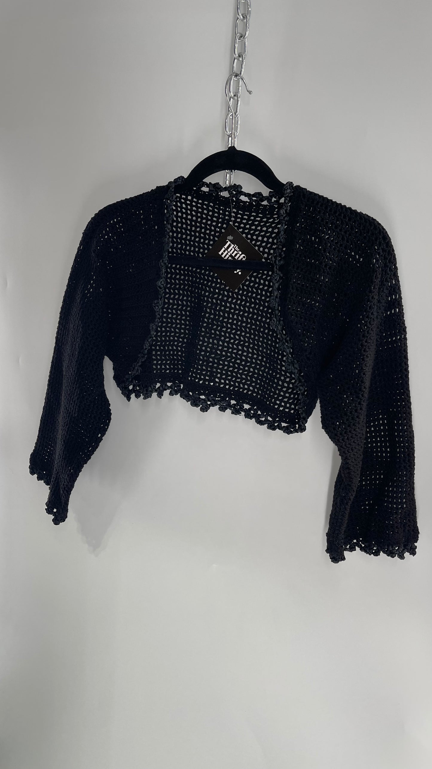 Vintage Black Hand Knit Crochet Shrug with Ribbon Detailing (Medium)