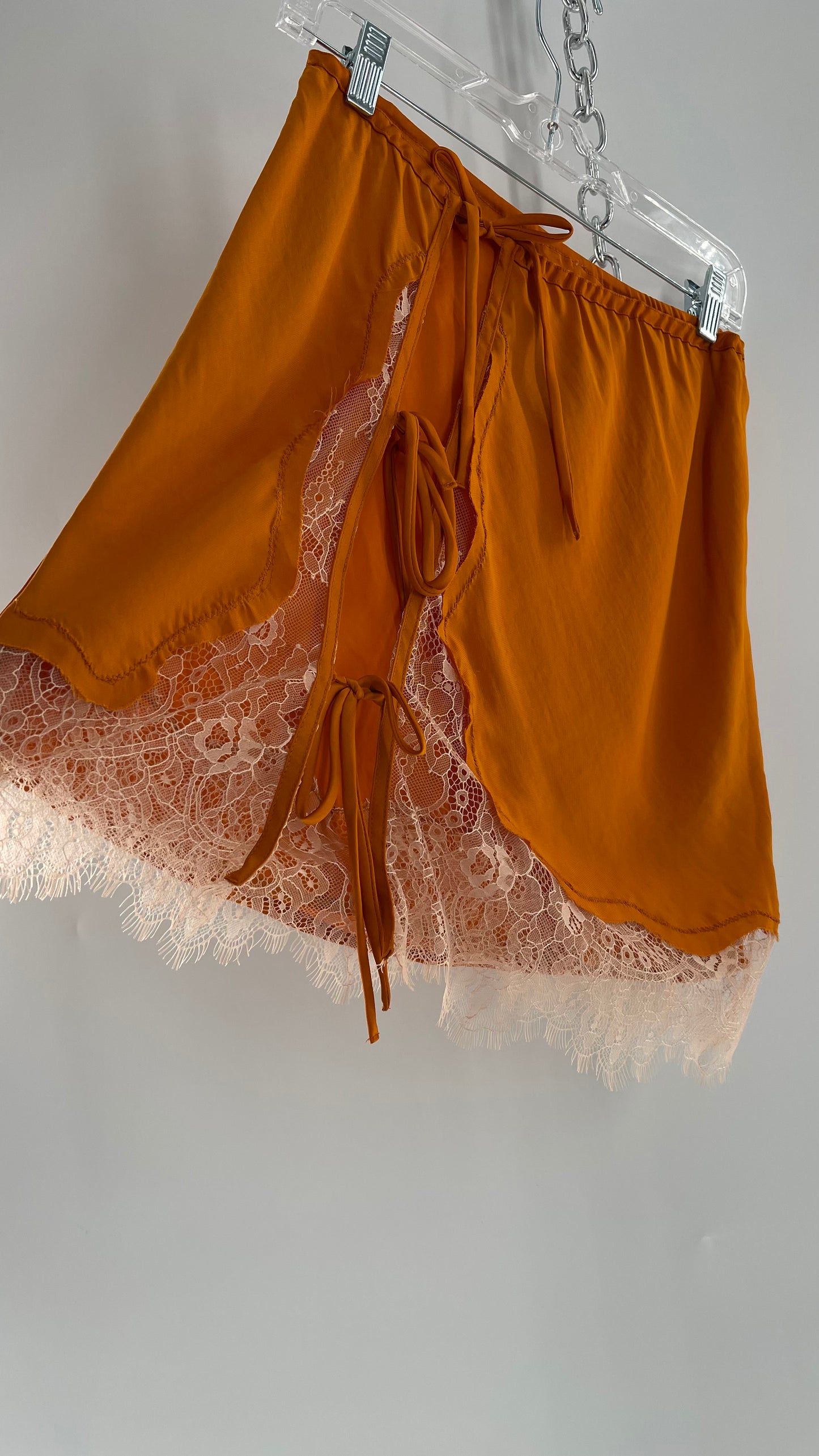 Free People Orange Lace Trim Silky Mini Skirt (Medium)