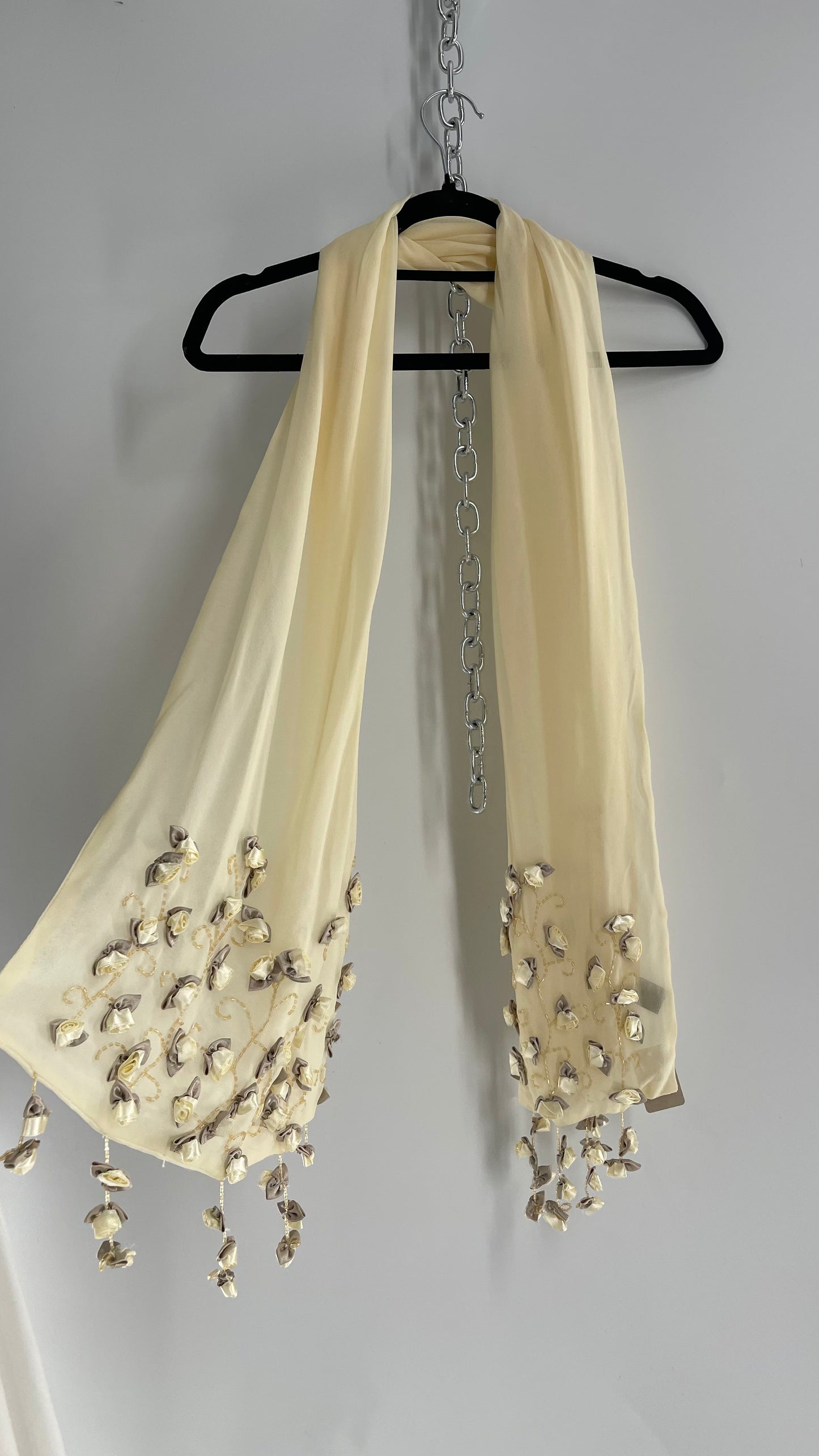 Vintage 1990s Baby Yellow Cream Silk Scarf with Embroidered Rosettes and Beaded Flowers