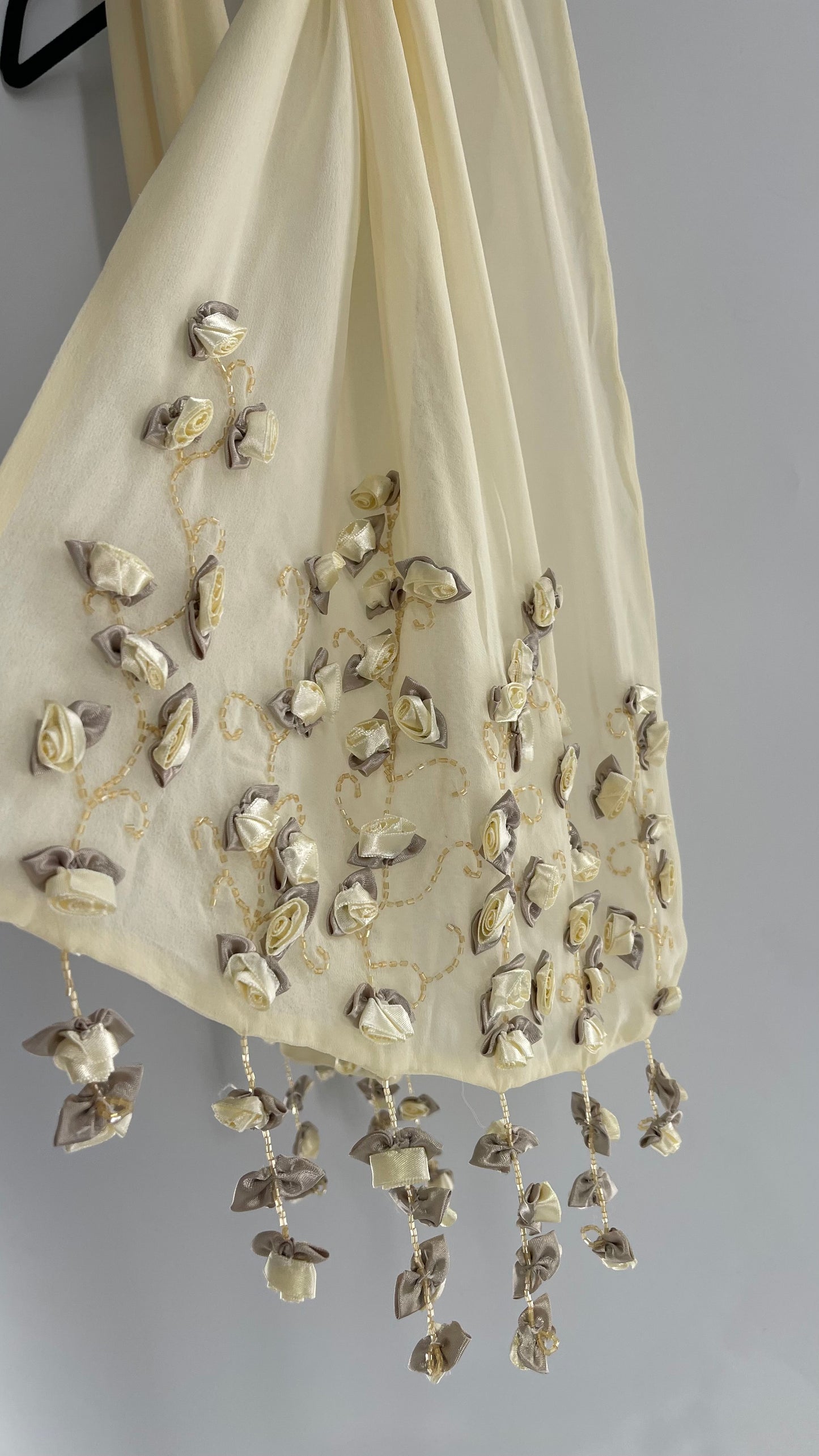 Vintage 1990s Baby Yellow Cream Silk Scarf with Embroidered Rosettes and Beaded Flowers