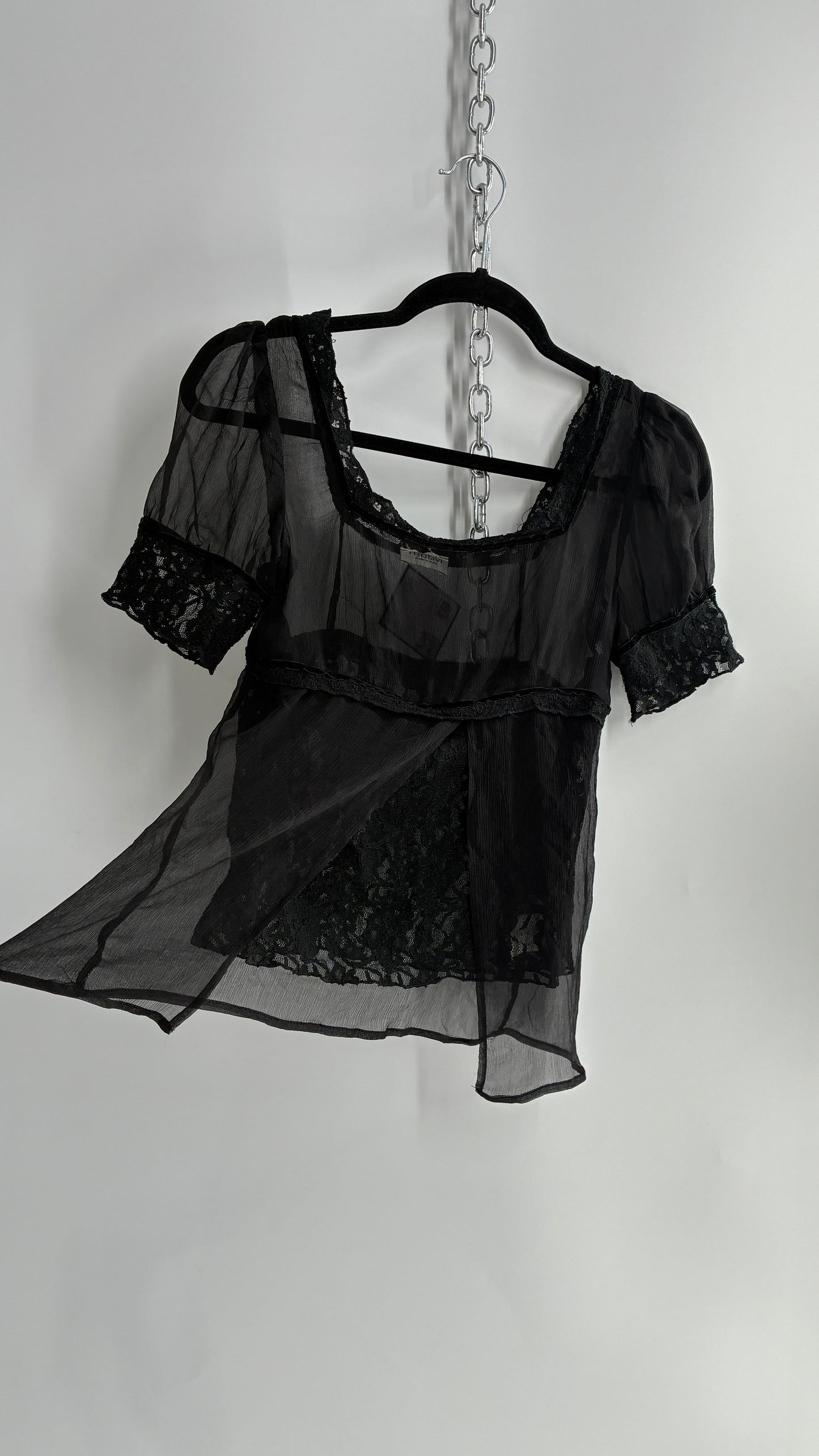 Vintage MÖTIVI Pure Silk Blouse with Lace Bodice, Vented Detail and Velour Trim (4)