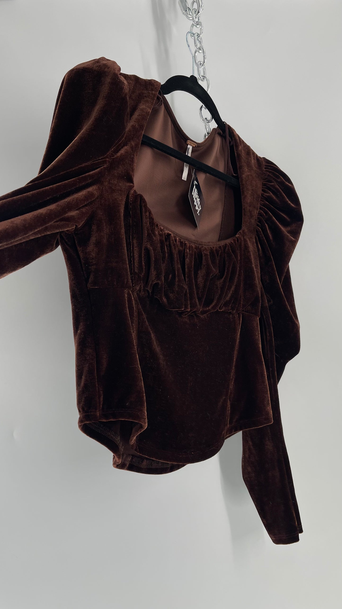 Free People Dark Brown Velvet Long Sleeve Cropped Blouse with Milkmaid Neckline and Renaissance Puff Shoulder (Large)
