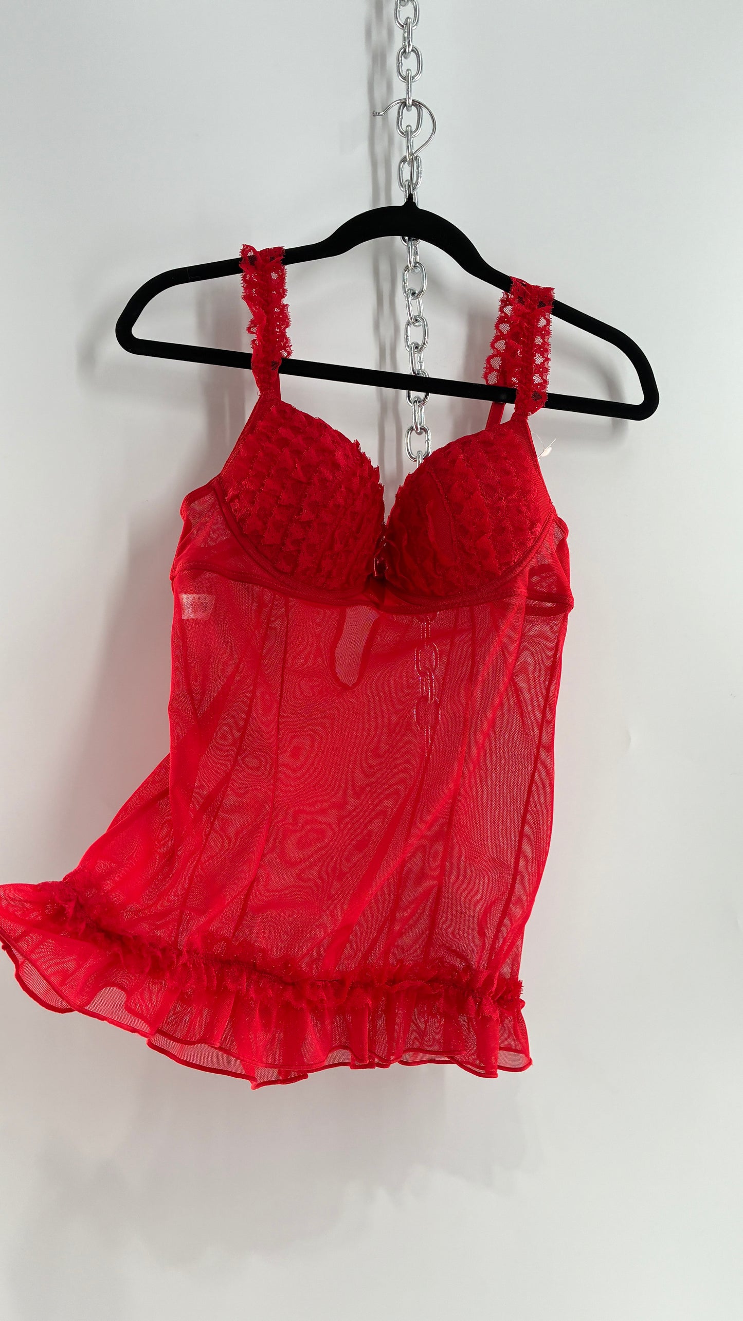 Deadstock Vintage Babydoll Bustier with Ruffled Cups, Lace Straps and Ruffled Lace Hem (34C)