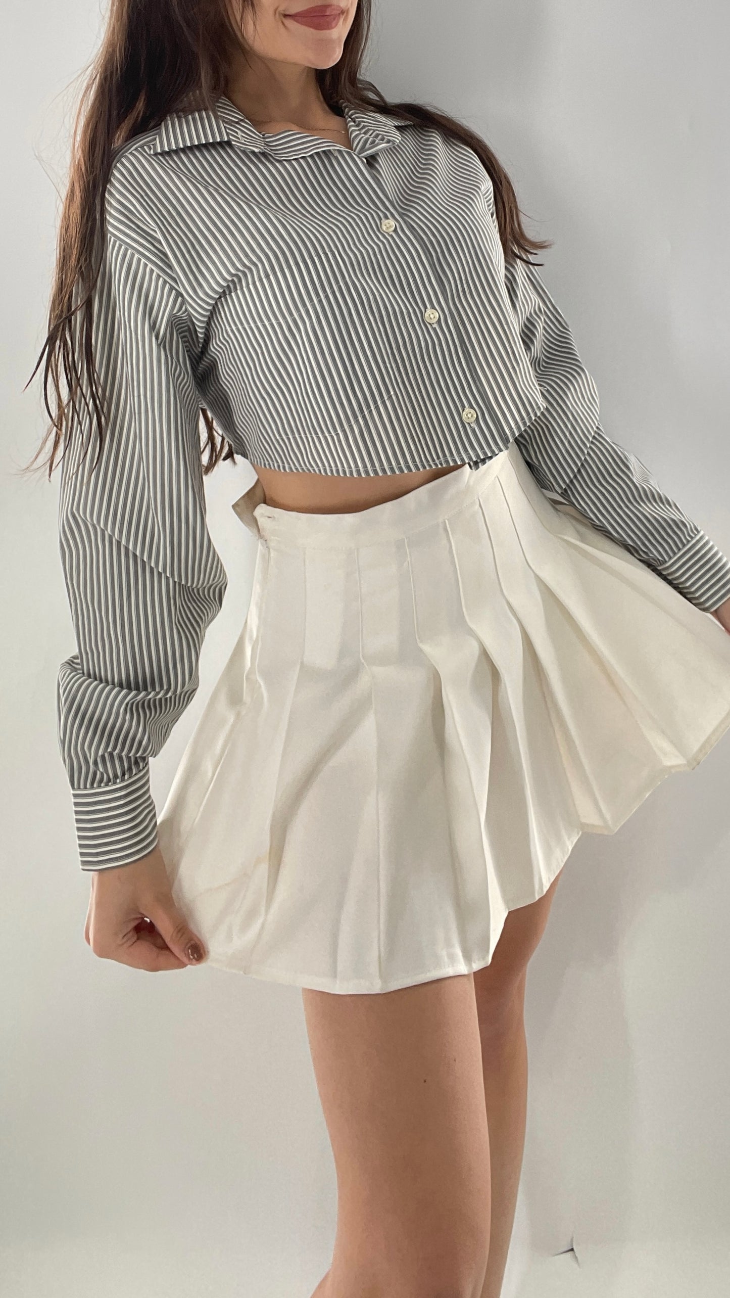 Vintage Reworked Button Front Backless Grey Blue Striped Blouse (One Size)