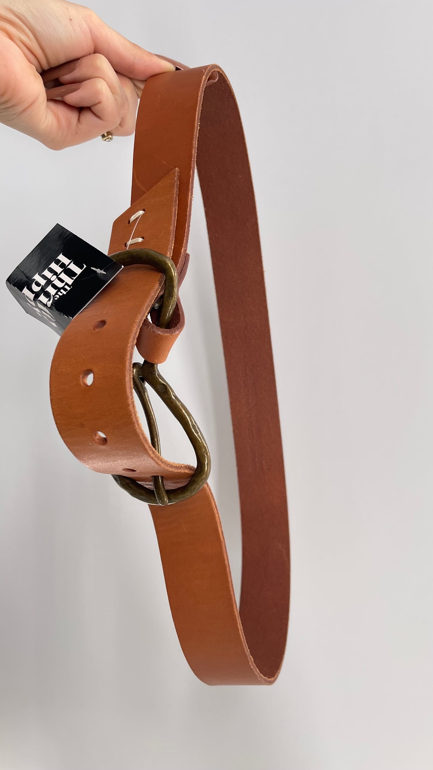 Anthropologie Cognac Leather Belt with Infinity Style Bronze Buckle (M/L)