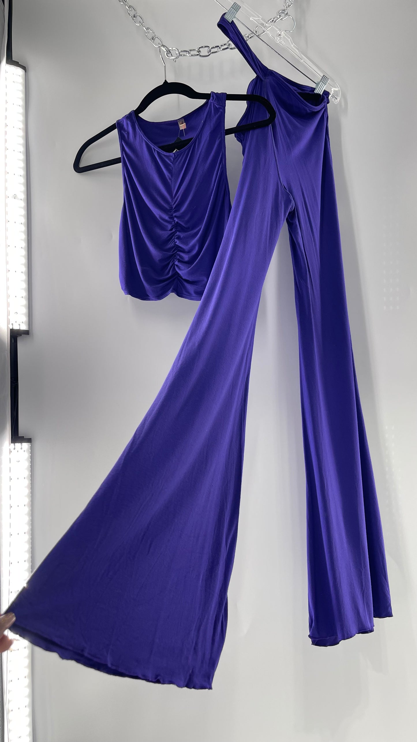 Free People 2 Piece Cobalt Purple Ruched Tank+ Cut Out Hip Strap Detail Flared Bottoms Set (Small)