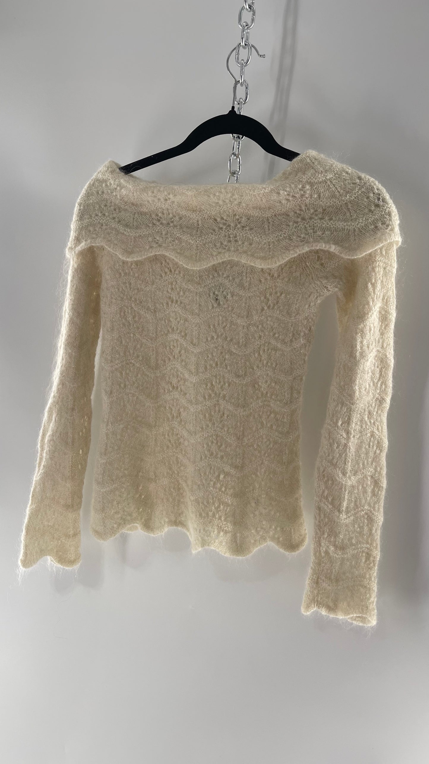 Vintage Ivory Off White Lace Knit Off the Shoulder Sweater Top (Medium)