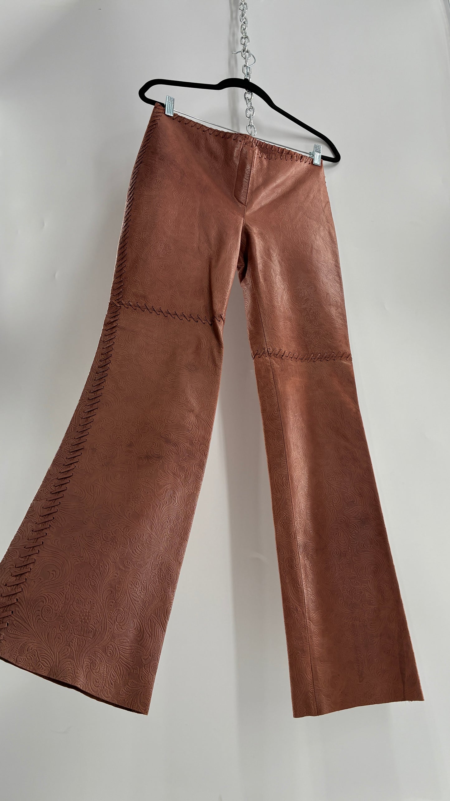 Vintage Embossed Paisley Patterned Genuine Leather Pants with Stitching Details (No Label Unbranded, S)