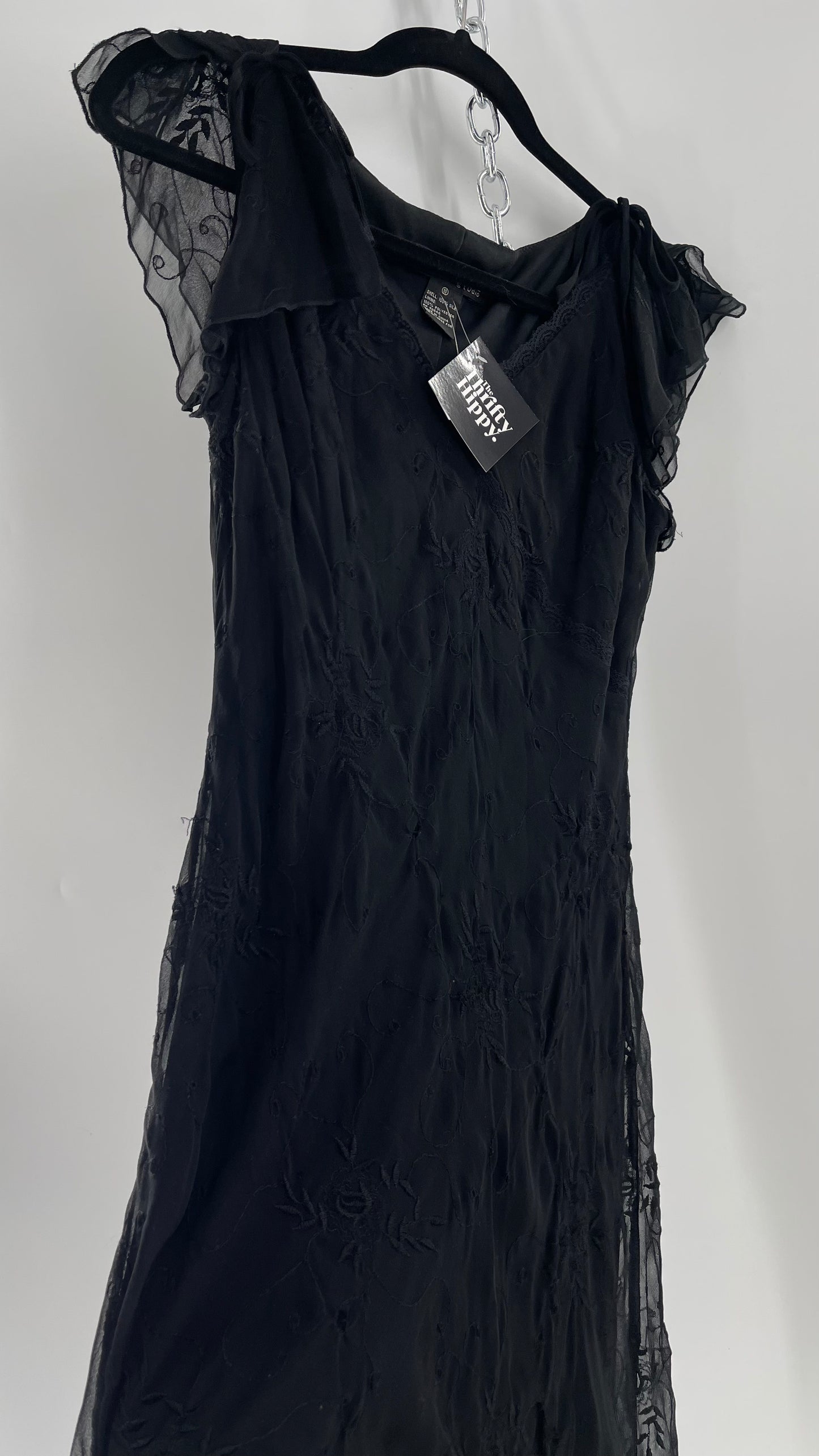 Vintage Jonathan Martin 100% Silk Black Embroidered MIDI Dress with Tie Shoulder Detail (10)