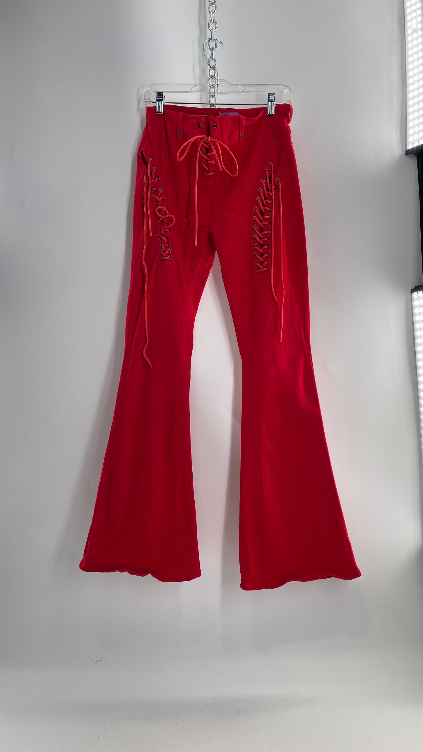 Edikted Rockstar Red Kick Flare Bell Bottoms with Lace Up Thigh and Waistline Detail (Large)