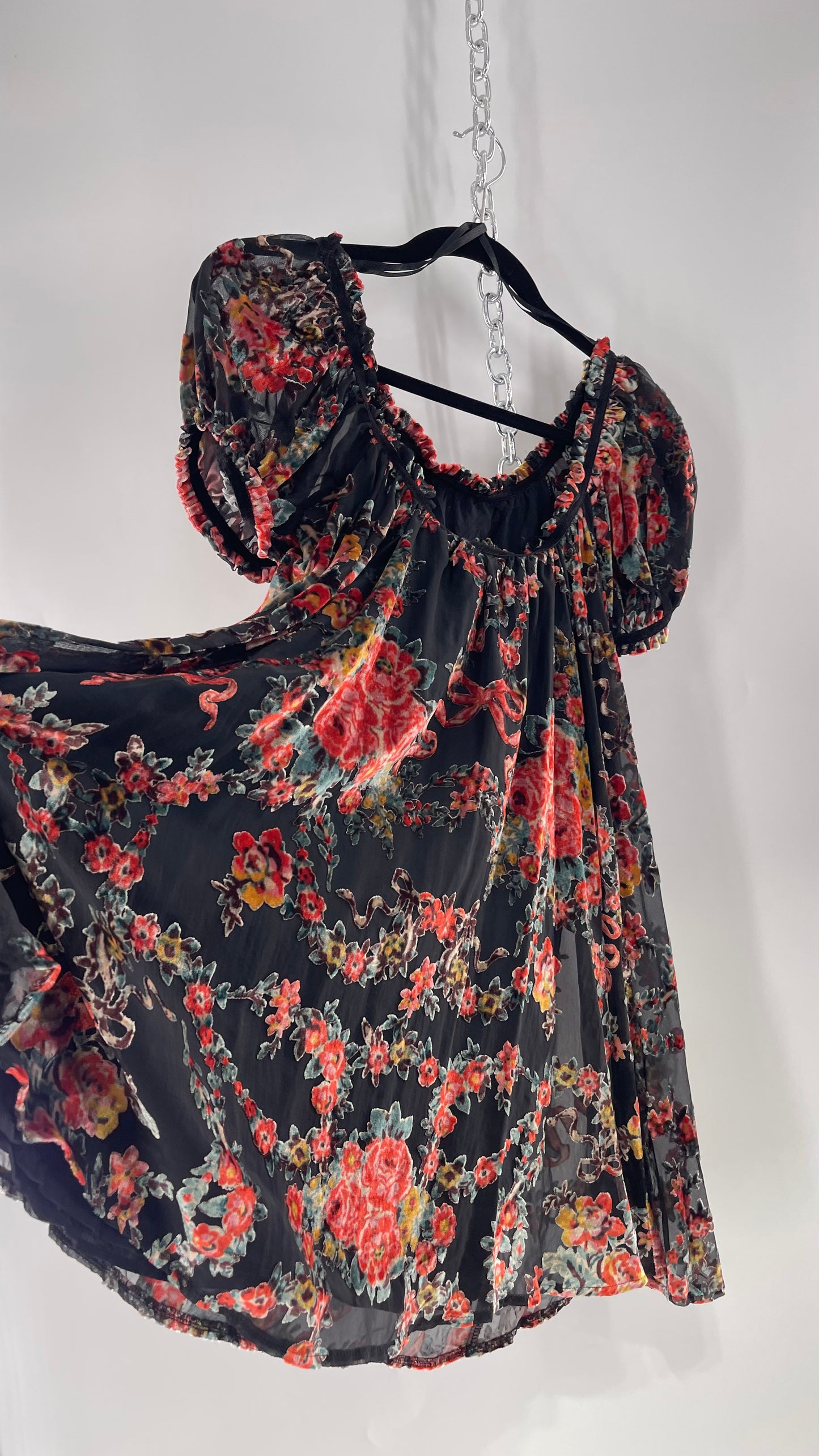 Free People Beautiful Blooms Velvet Florals Babydoll Dress (Small)