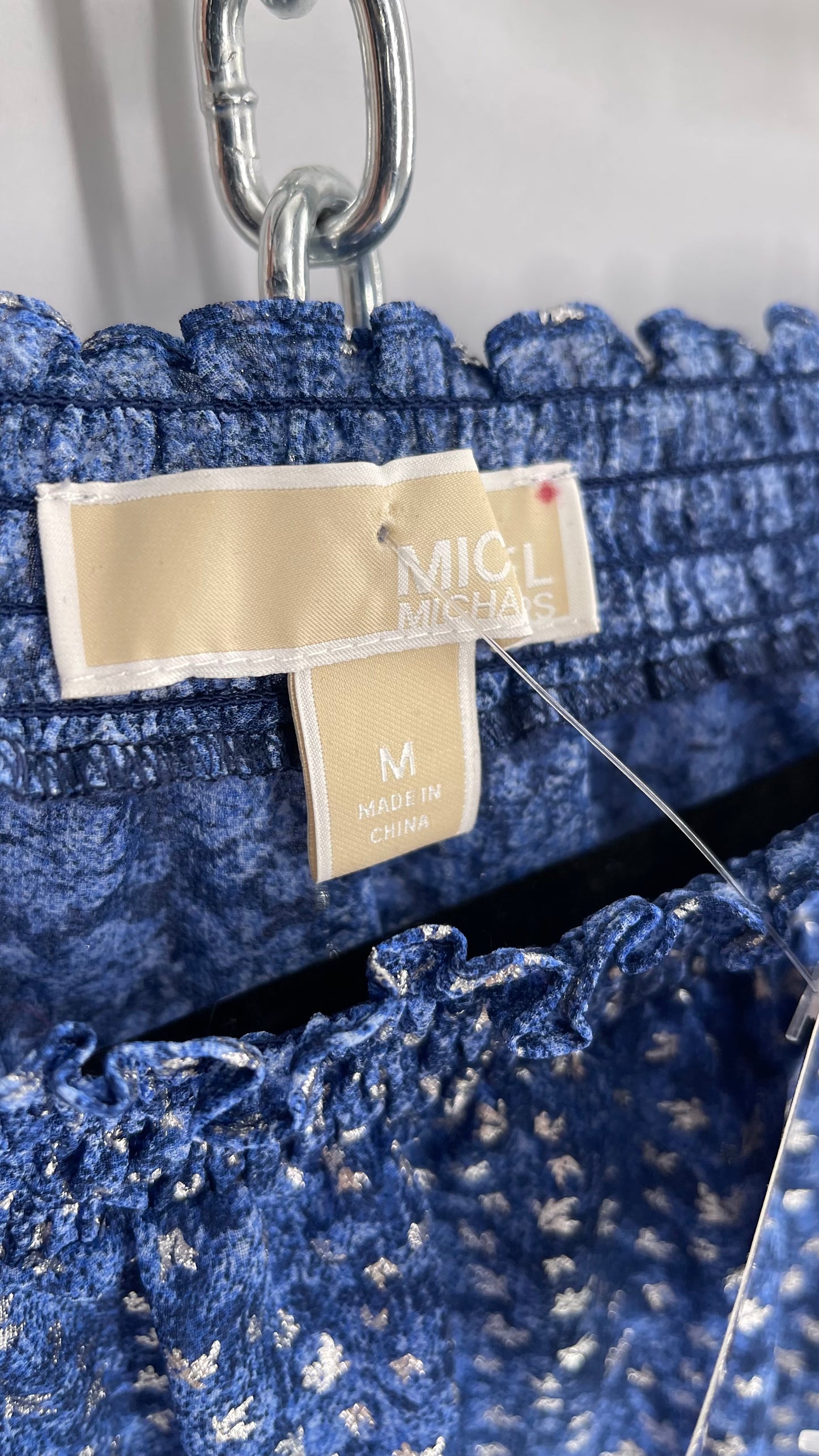 Michael Kors Blue and Silver Off the Shoulder Bubble Sleeve Smocked Blouse (Medium)