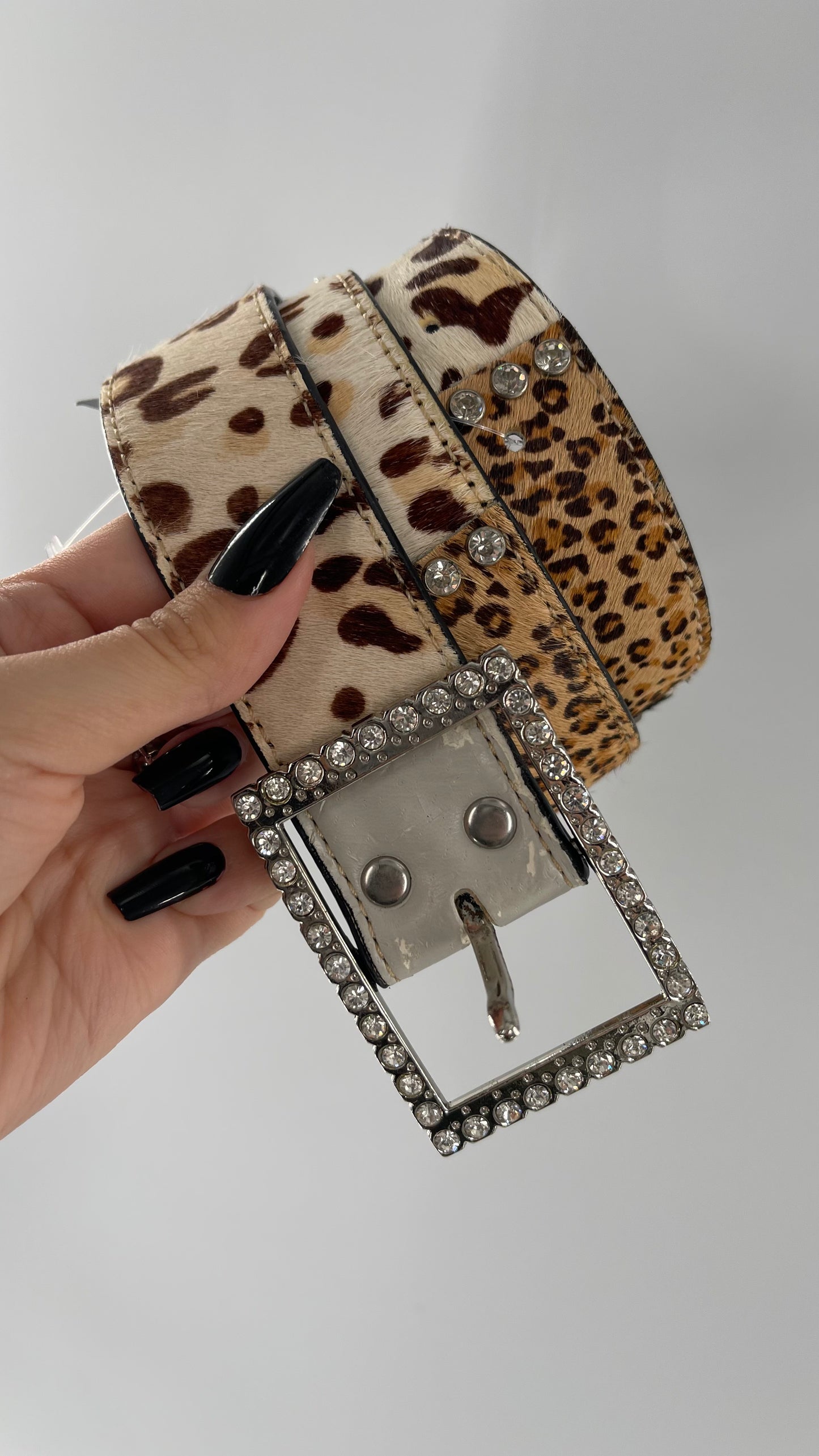Vintage Pony Fur Animal Print Patchwork Belt with Rhinestone Buckle and Embellishments (Medium)