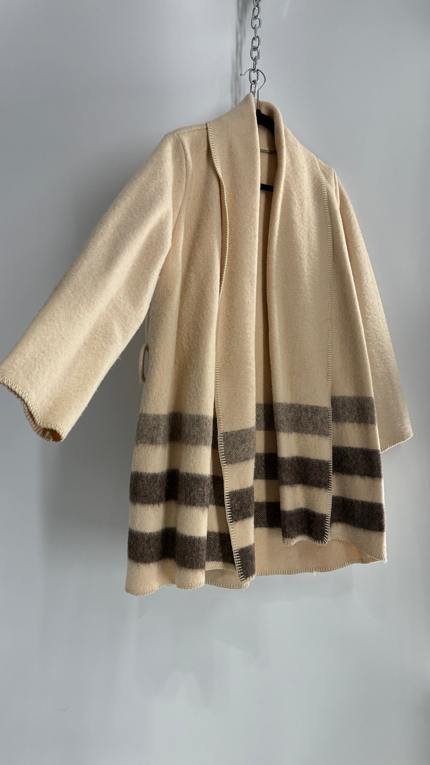 Vintage WOOLRICH Off White 100% Wool Striped Overcoat with Belt Loops (S/M)