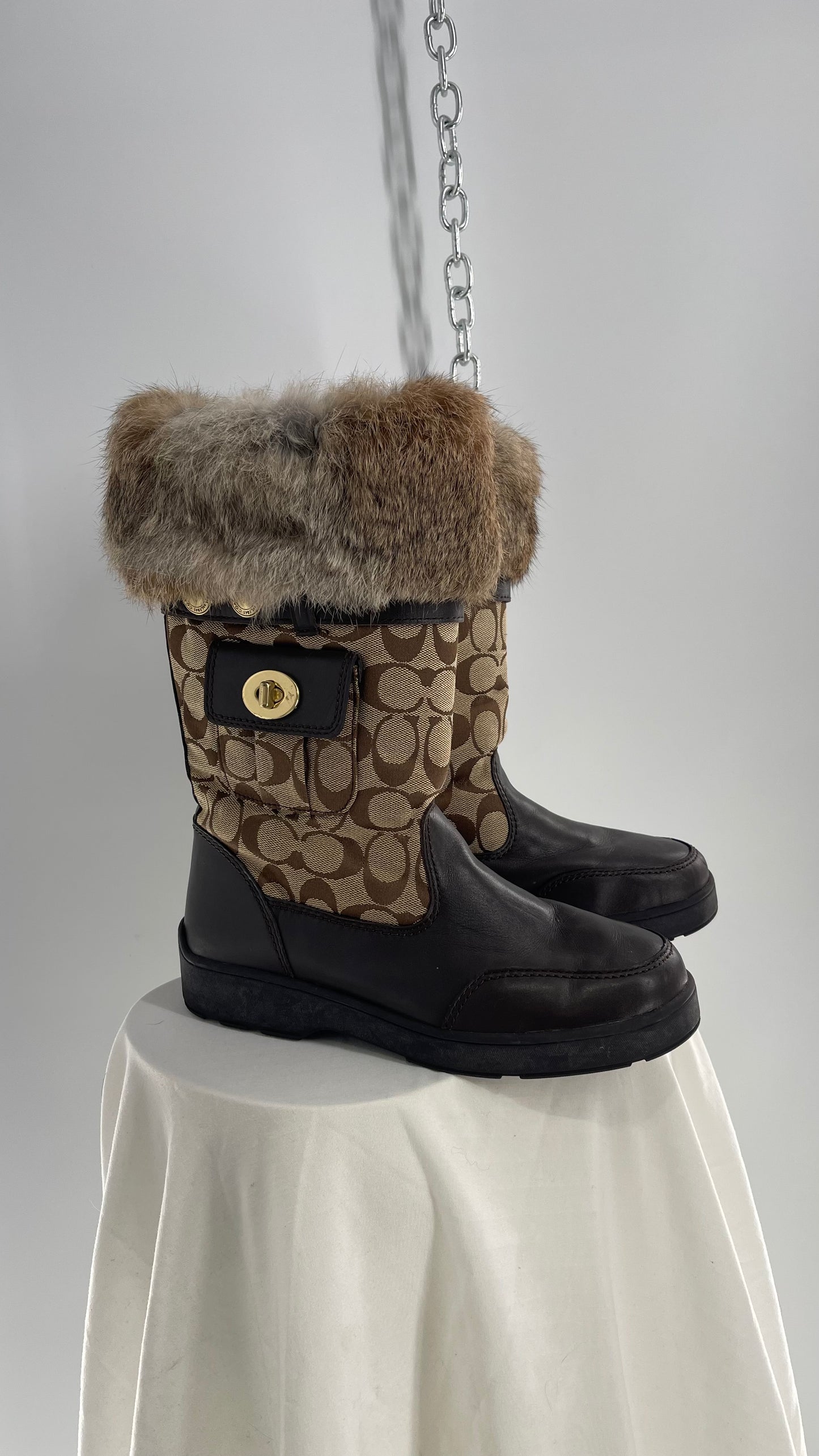 Coach Vintage Kimberly Brown Leather Quilted Monogram Rabbit Fur Trim Boot with Ankle Pouches (8.5)