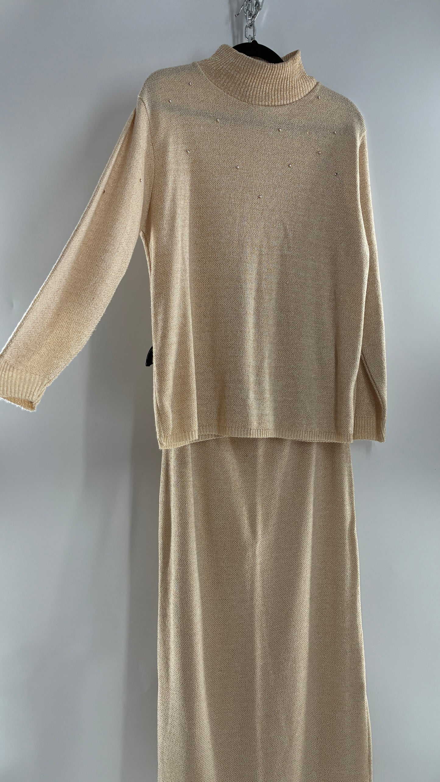 Terry Lewis Classic Luxeries Beige Knit Sweater and Skirt with Gold Tinsel Thread and Rhinestone Collar (Large)