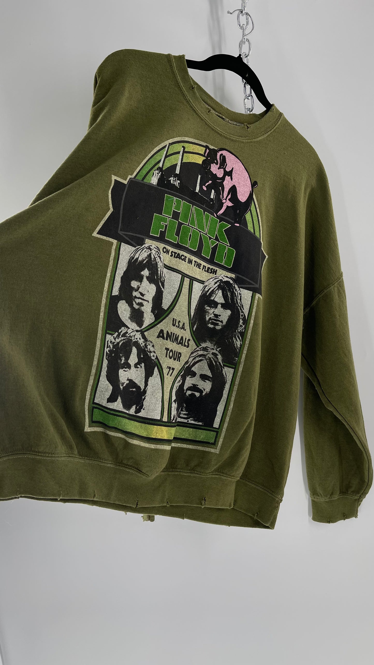 Vintage Green Graphic Pink Floyd Crewneck Knits with Distressed Neckline and Hems (L/XL)