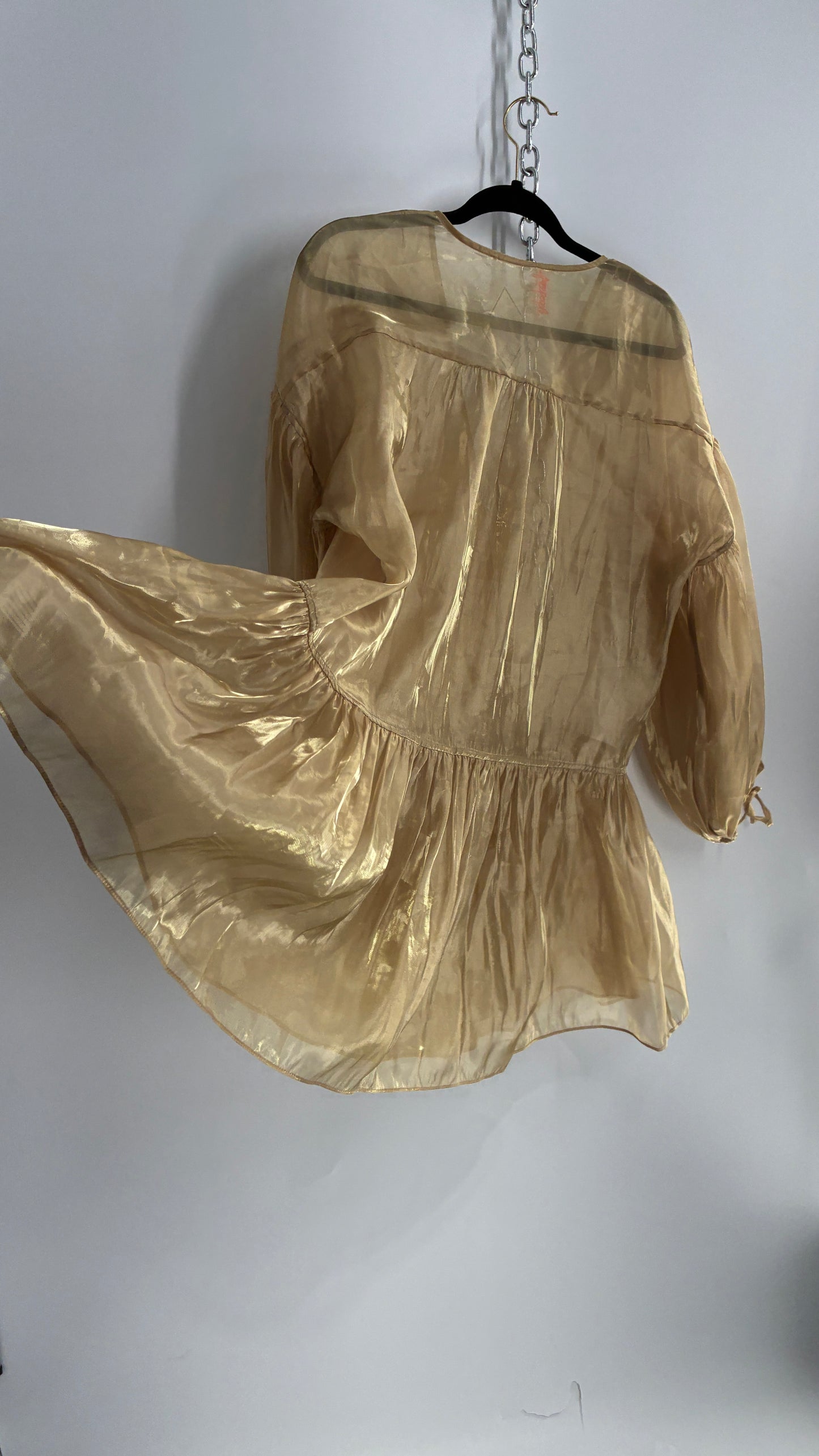 Free People Gold Voile Organza Drop Waist Bubble Sleeve Dress (Medium)