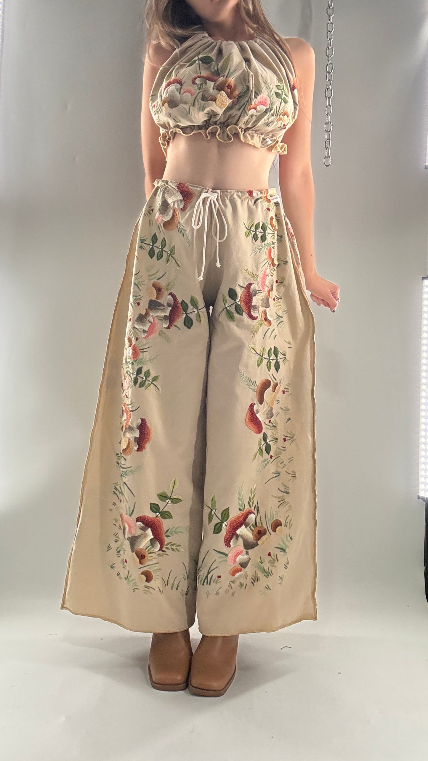 Vintage Custom Handmade and Hand Embroidered Two Piece Set with Mushrooms, Vines, and Ladybugs (XS-L)