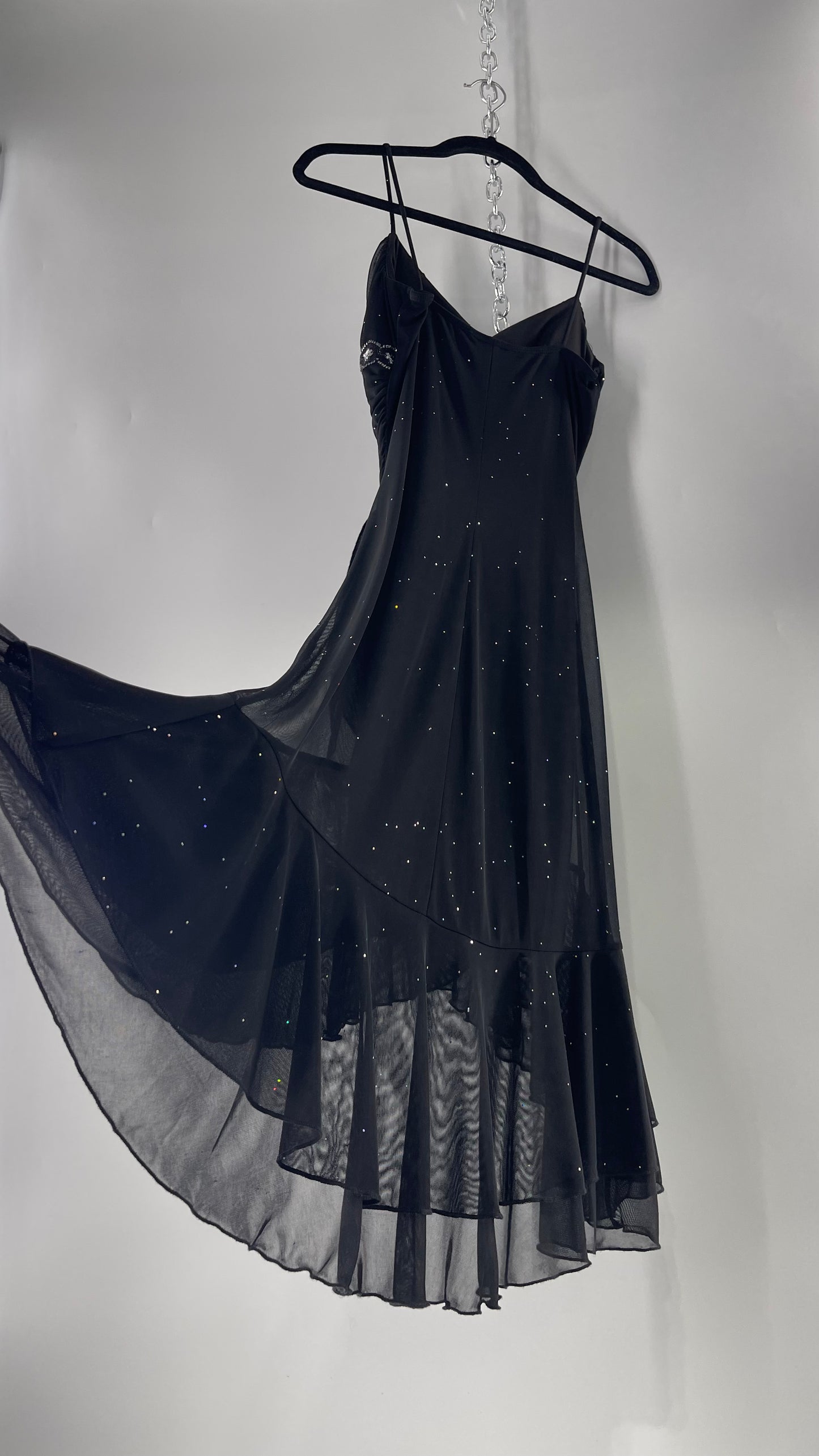 Vintage Taboo Midi Dress with Iridescent Sequins with Lace Underbust Detail, High Low Silhouette and Frills (Medium)